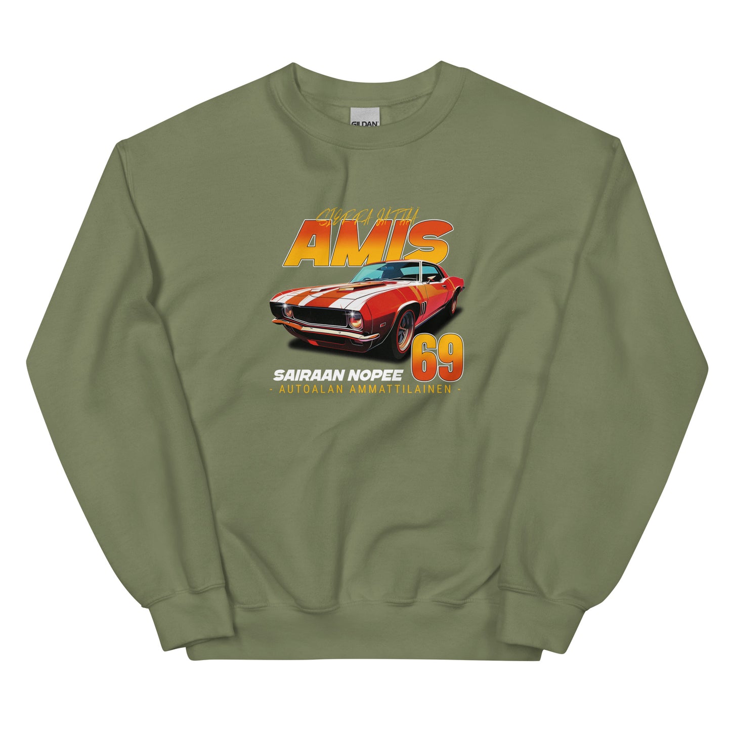 Meemirotta pitkähihainen sweatshirt autoaiheisella graafisella printillä, jossa on teksti AMIS ja numerot 69