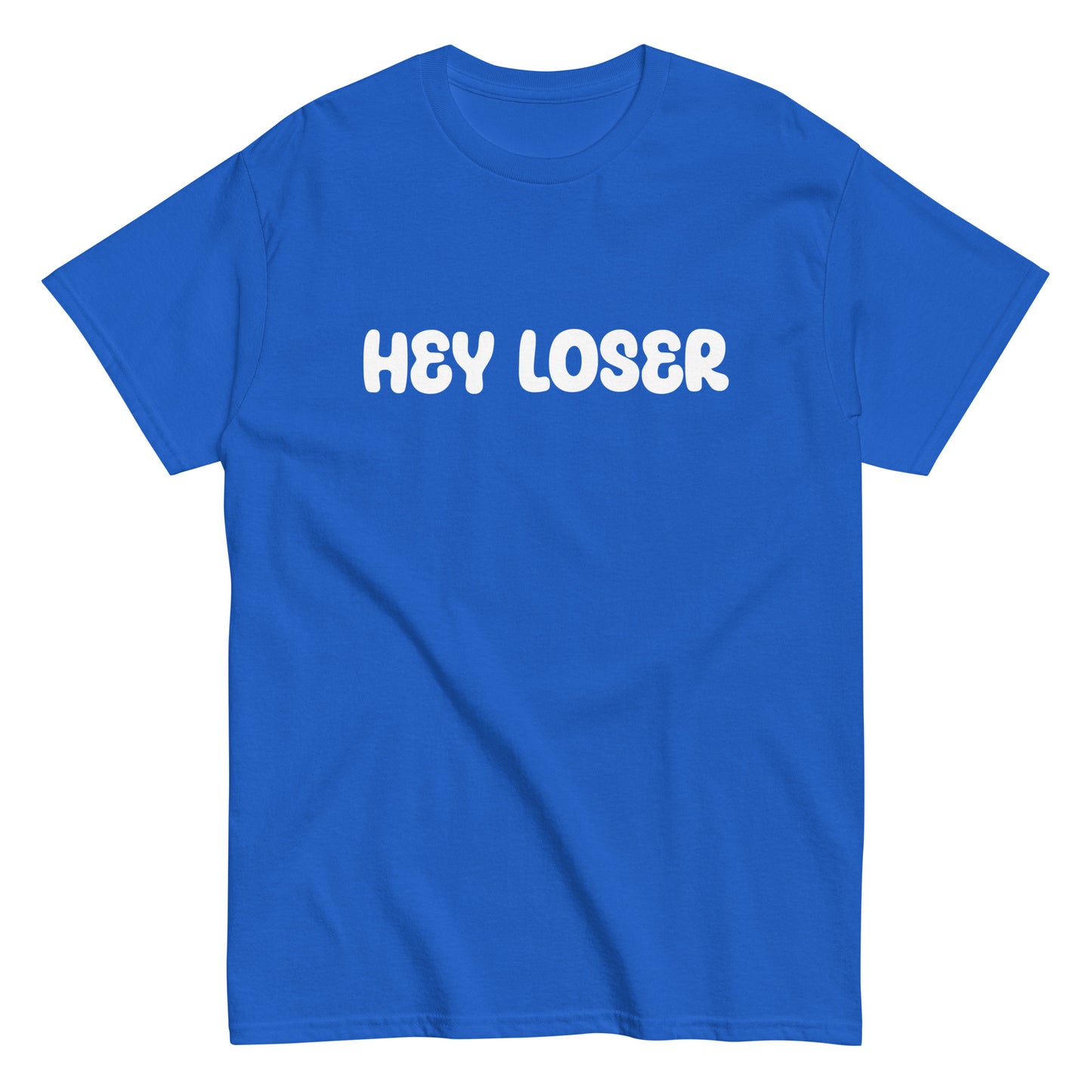Meemirotta t-paita kirkkaan sinisessä värissä, jossa on hauska 'HEY LOSER' -teksti edessä