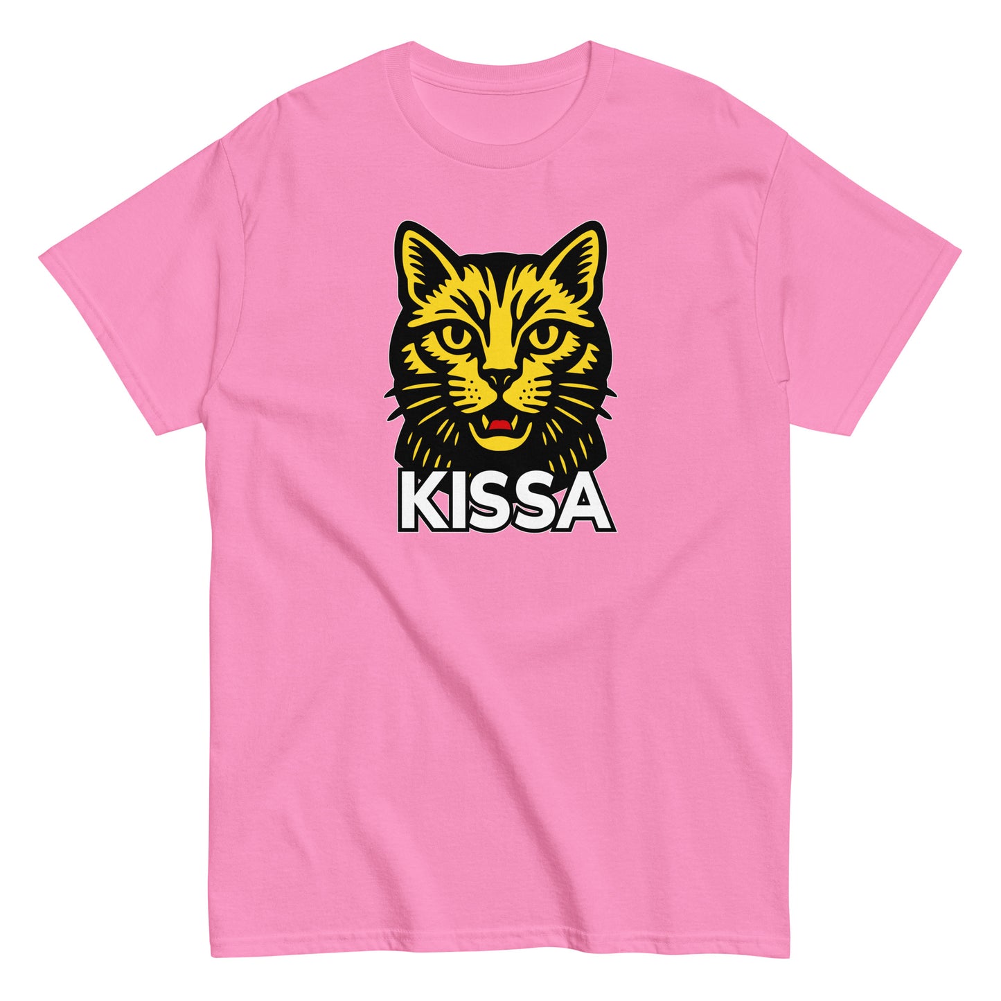 Vaaleanpunainen T-Paita Meemirotta-kissakuviolla ja KISSA-tekstillä edessä