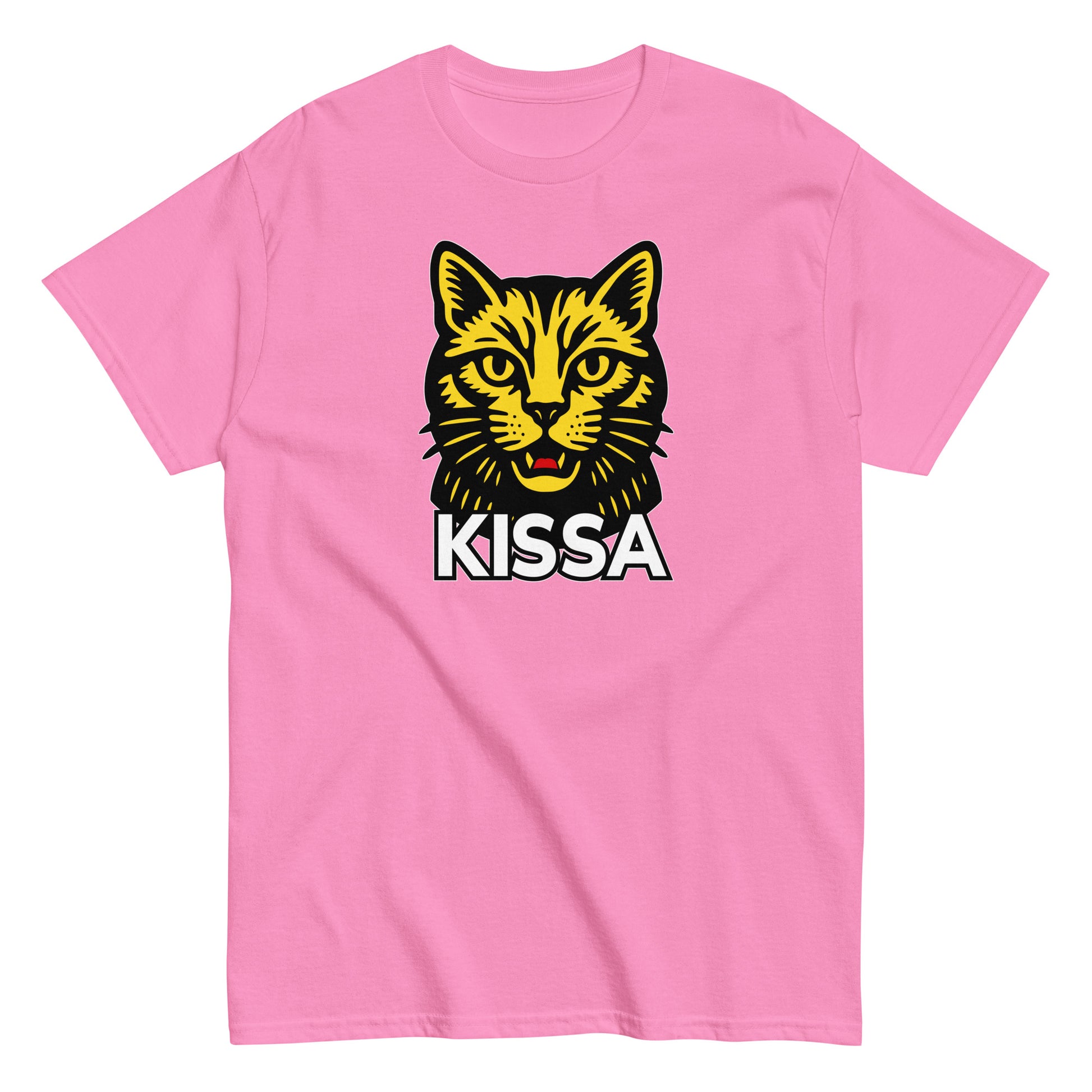 Vaaleanpunainen T-Paita Meemirotta-kissakuviolla ja KISSA-tekstillä edessä