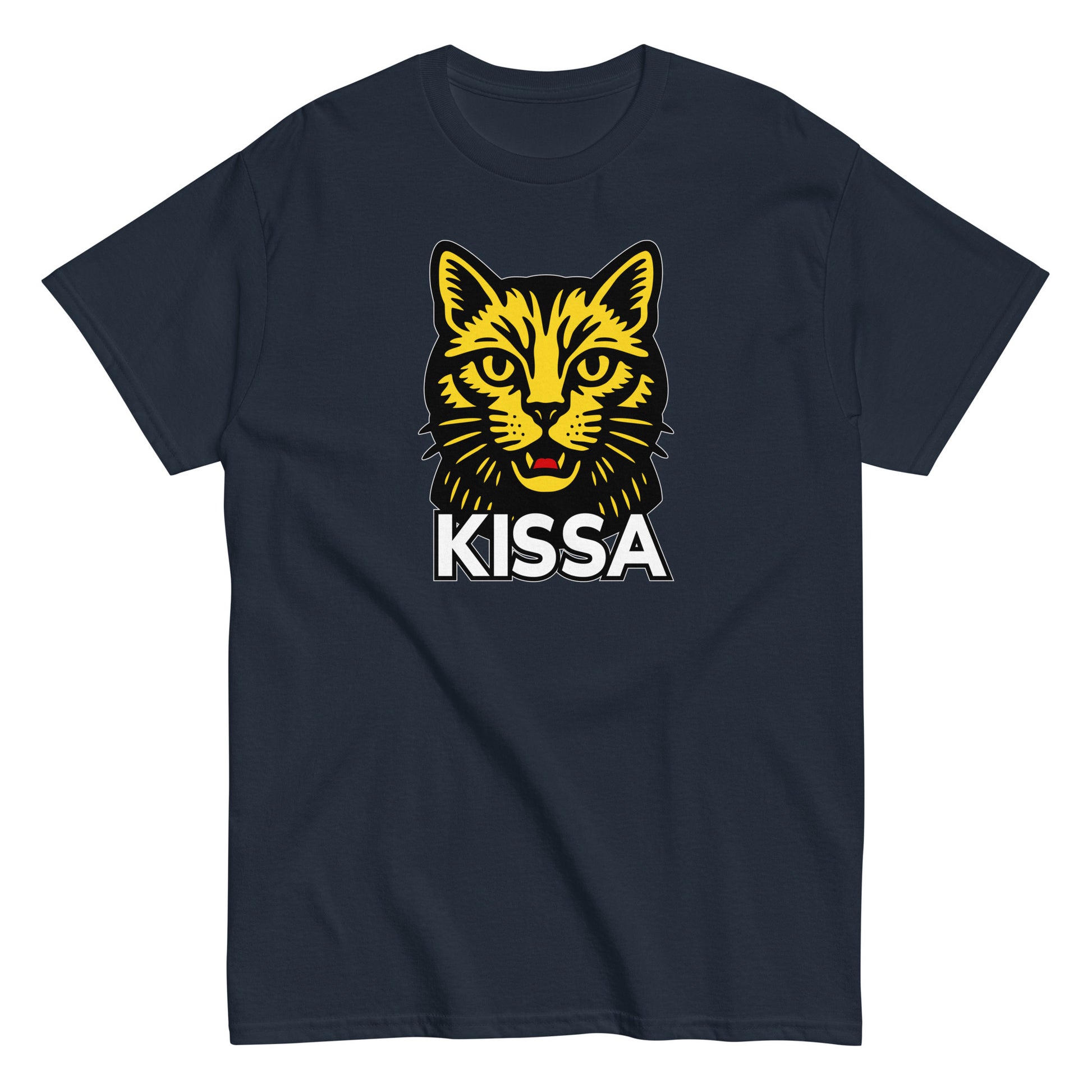 T-Paita Meemirotta kissa-aiheisella grafiikalla, jossa keltainen kissapää ja teksti KISSA