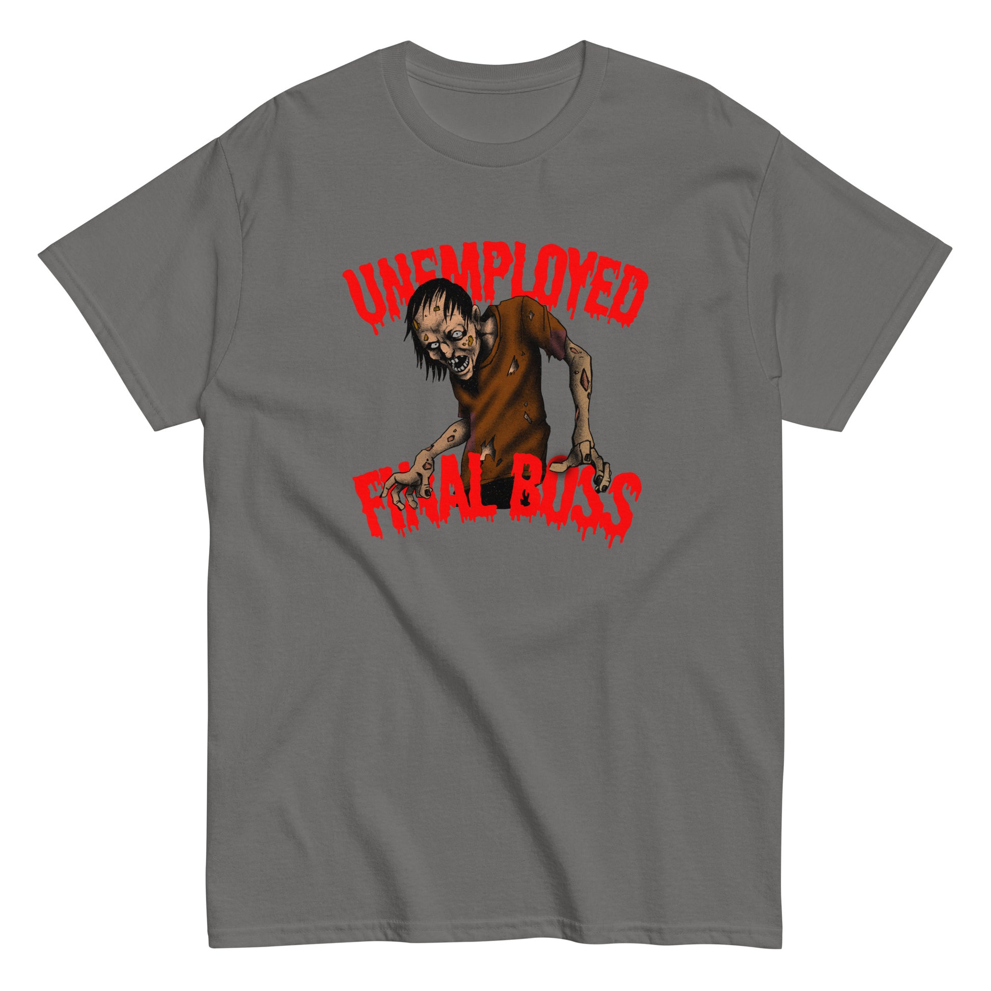 Harmaa t-paita Meemirotta-merkillä, jossa on Unemployed Final Boss -kuvaus