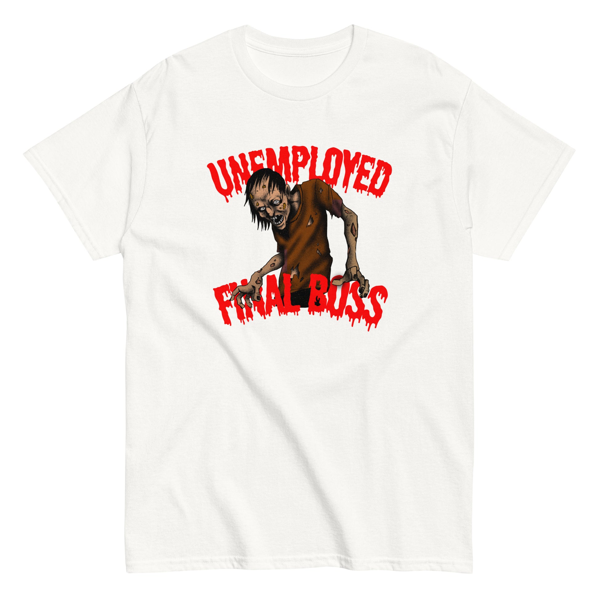 Valkoinen t-paita, jossa on Unemployed Final Boss -kuvio ja pelottava hahmo