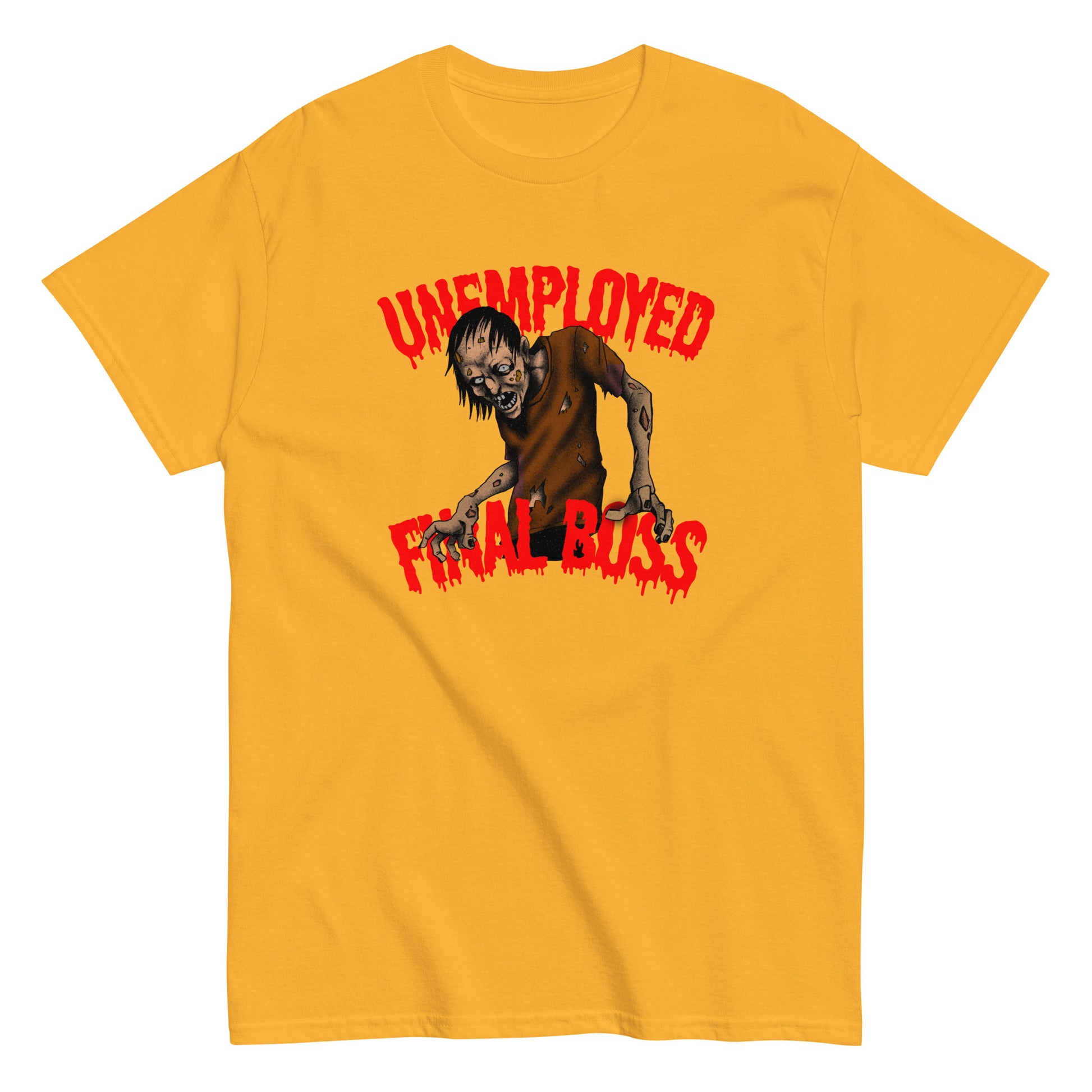 Keltainen Meemirotta t-paita, jossa kuvattuna työtön loppupomovihollinen