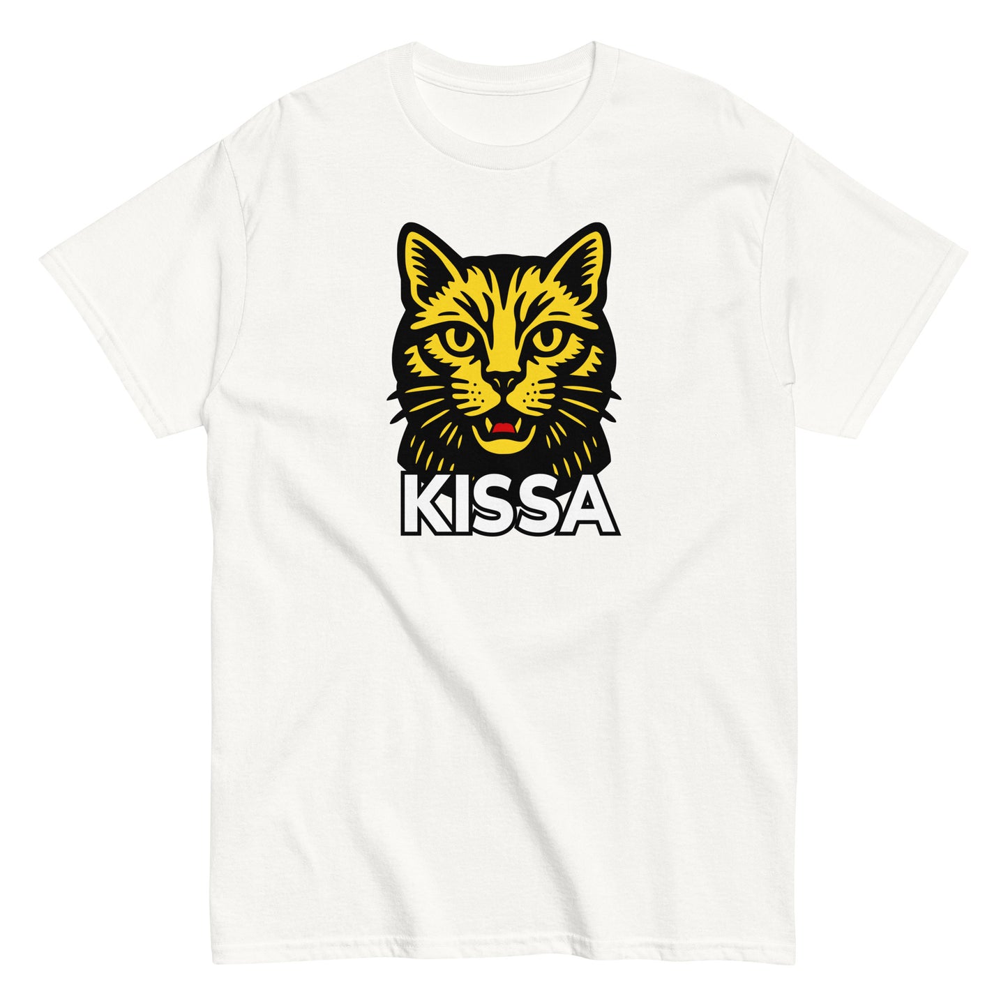 Valkoinen T-Paita, jossa on kissa-aiheinen kuva ja teksti KISSA