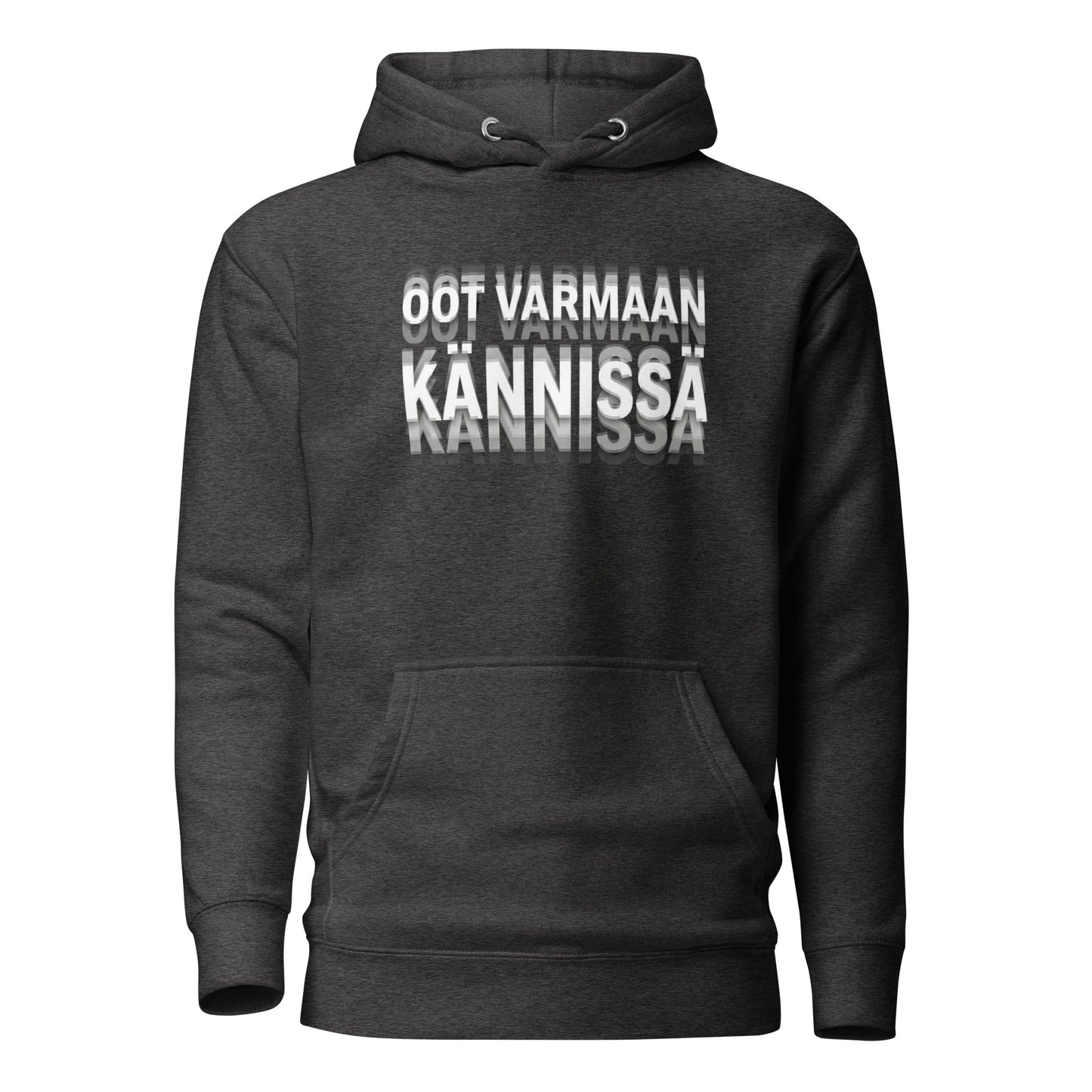 Meemirotta Tekstipaita harmaana hupparina, jossa on näyttävä painatus 'Oot varmaan kannissa'
