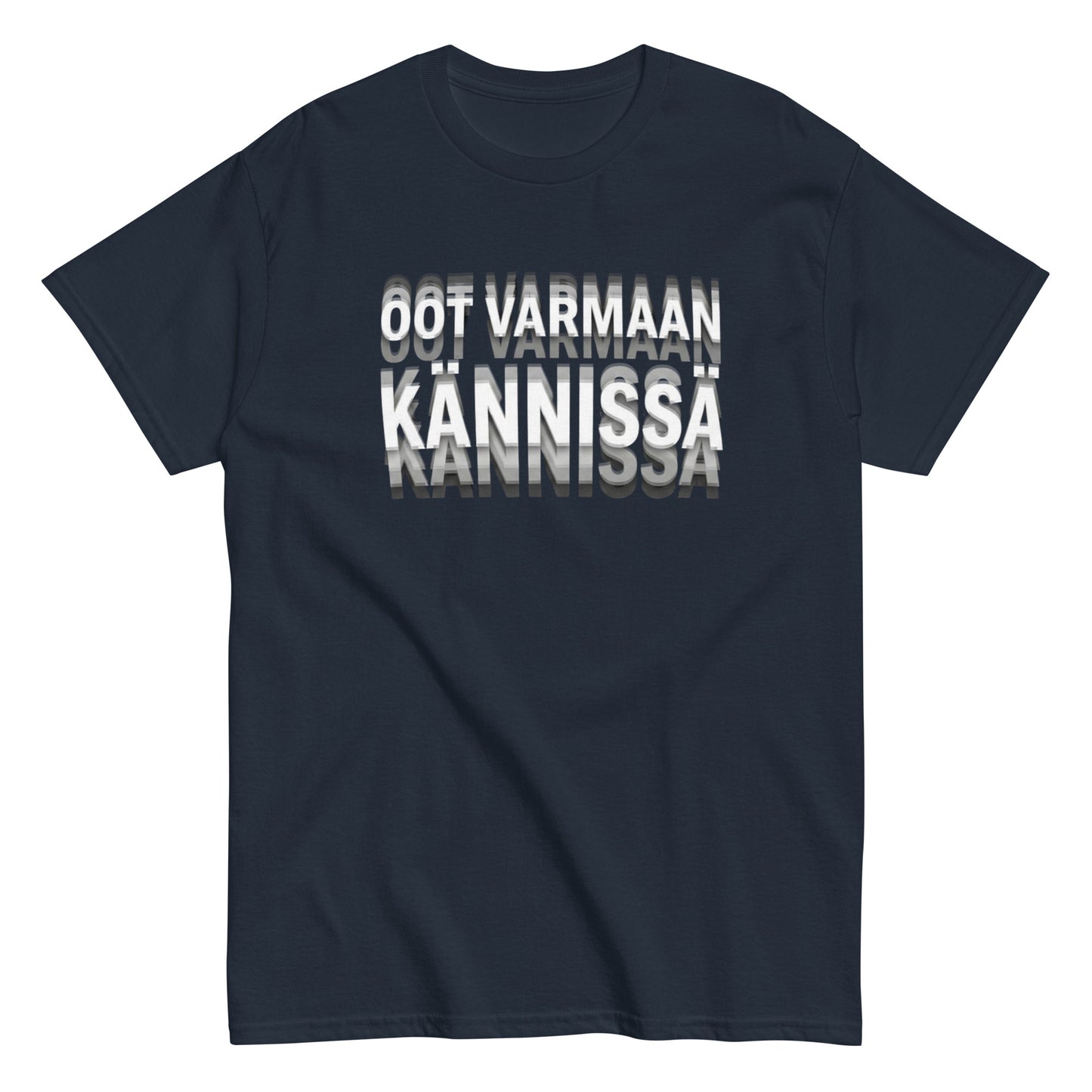 Tummansininen tekstipaita, jossa on hauska slogan 'Oot varmaan kannissa'
