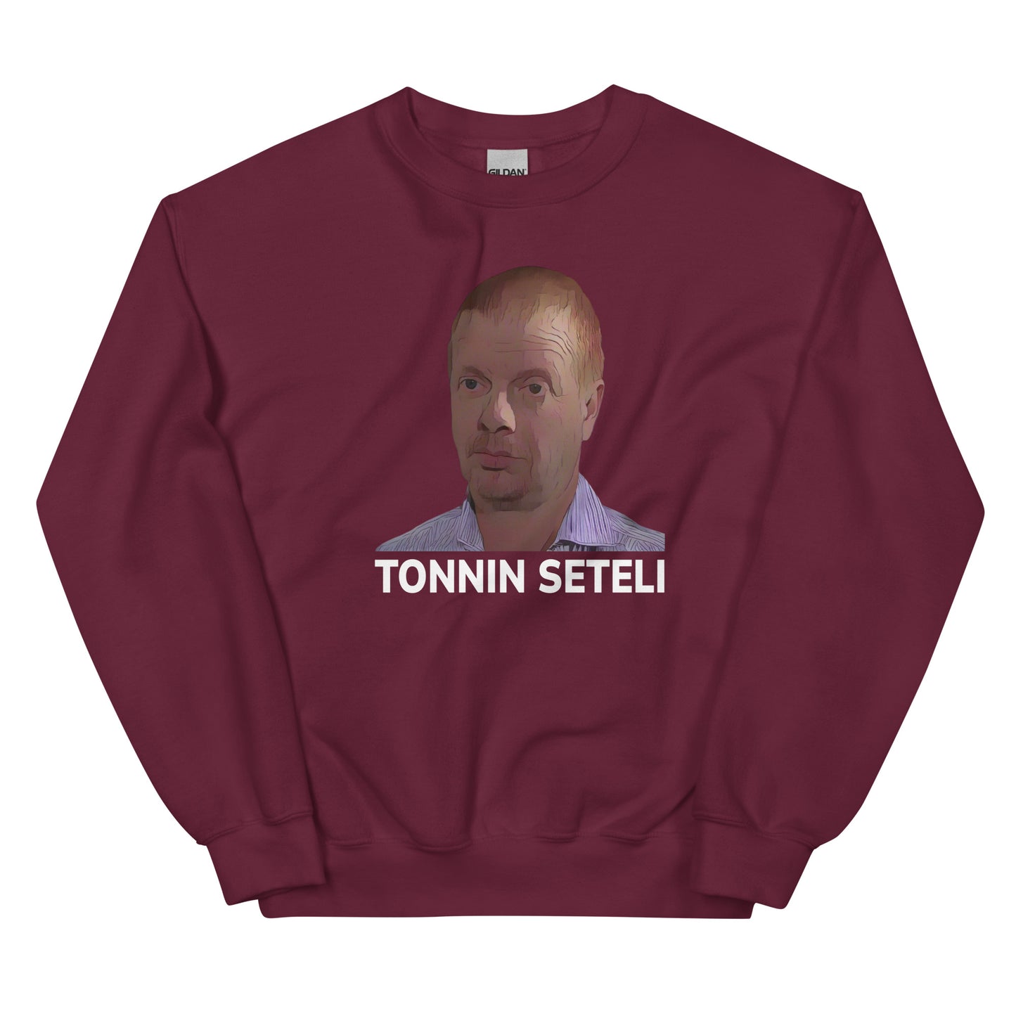 Burgundin värinen tonnin seteli collegepaita, jossa hauska painatus edessä