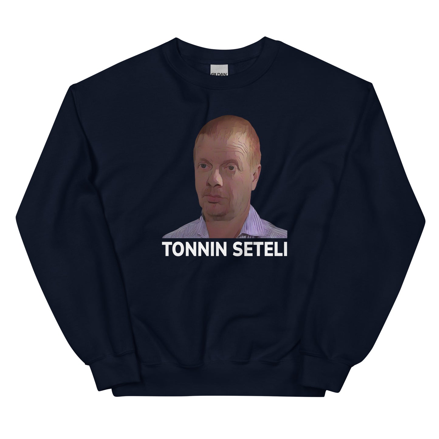 Tonnin seteli collegepaita tummansinisenä, jossa graafinen painatus hahmosta edessä