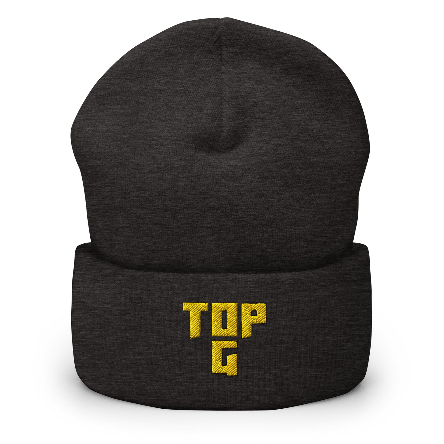 Meemirotta Top G pipo mustana, jossa keltainen TOP G -logo edessä