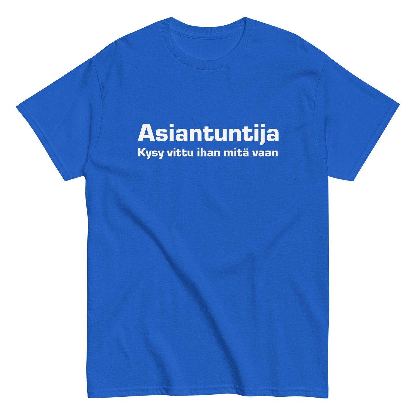 "Asiantuntija T-Paita" on Meemirottan musta paita, jossa on valkoista suomenkielistä tekstiä, jossa lukee "Asiantuntija Kysy vittu ihan mitä vaan", ihanteellinen humorististen paitojen ystäville.