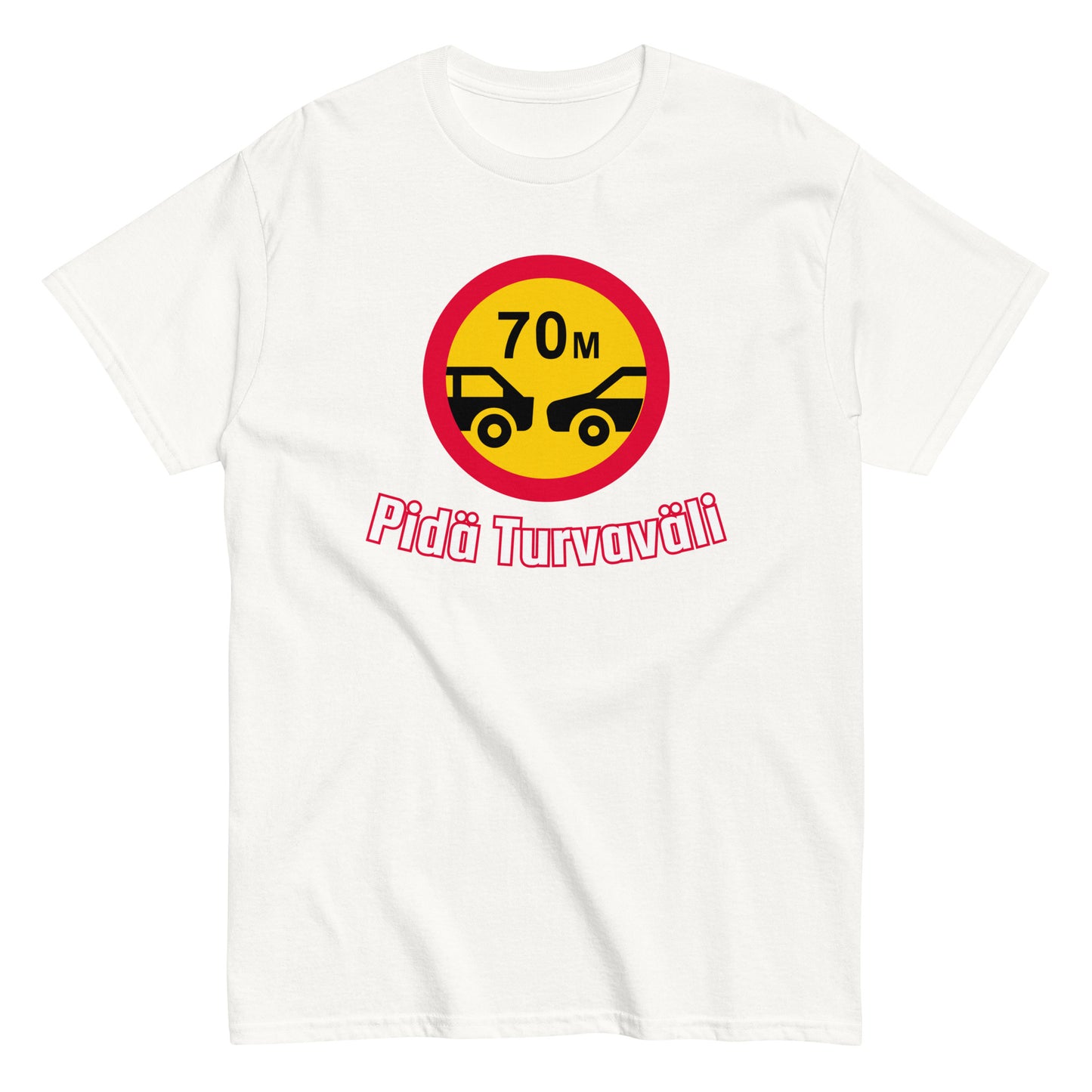 Meemirottan Turvaväli T-Paita on tyylikäs ja käytännöllinen musta T-paita, jossa on pyöreä muotoilu, jossa on kaksi autoa ja "70M" keskellä. Suomenkielinen teksti alla lukee "Pidä Turvaväli", joka tarkoittaa "Pidä etäisyyttä". Se on ihanteellinen valinta hauskat vaatteet ystäville tai meemivaatteisiin tutustuville.