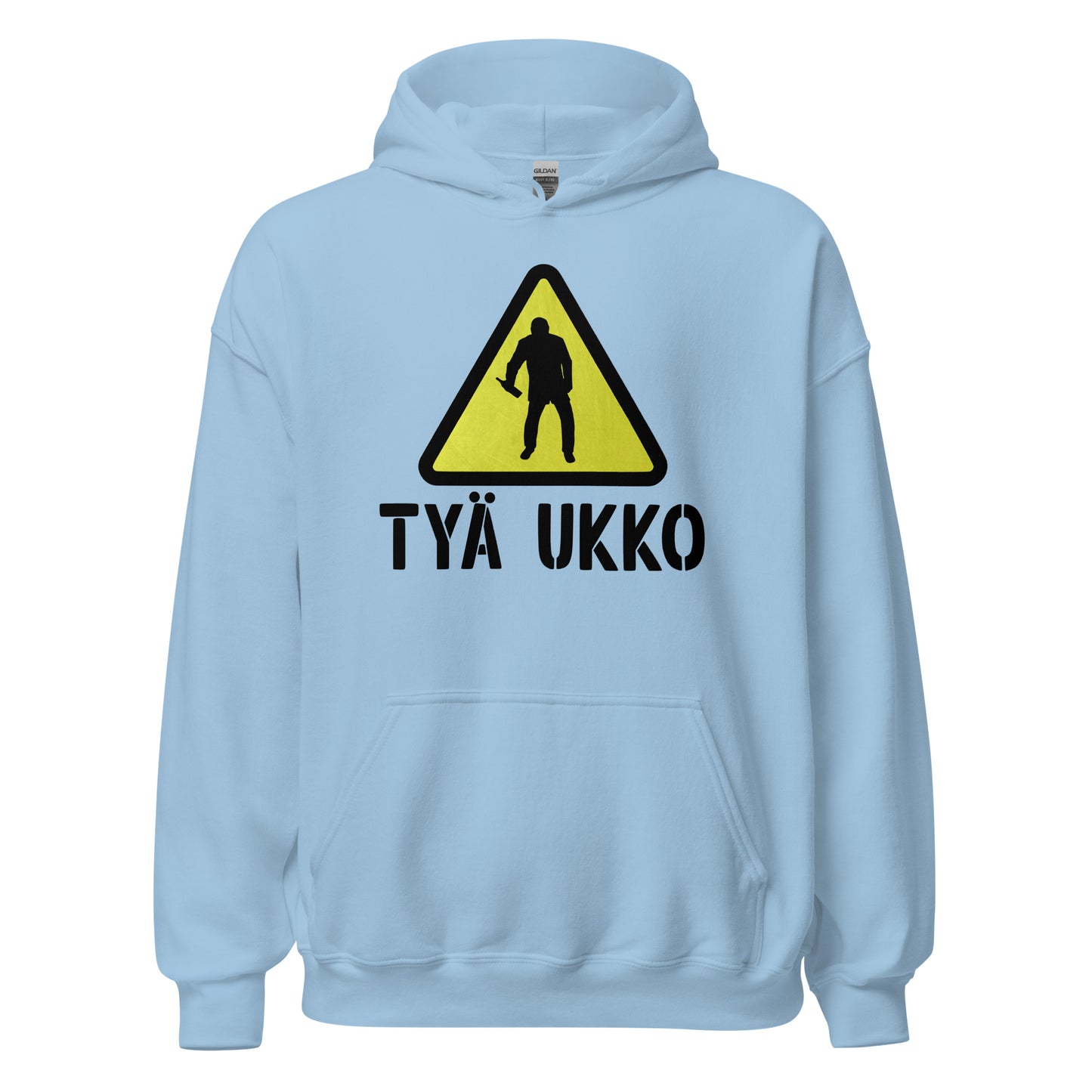 Meemirottan Punainen Tyä Ukko Huppari esittelee grafiikkaa, jossa on keltainen kolmiovaroituskyltti. Kolmion sisällä on siluetti miehestä pitelemässä esinettä ja sen alla teksti "TYÖ UKKO". Ihanteellinen hauskat vaatteiden ystäville, tämä huppari lisää charmia vaatekaappiisi.