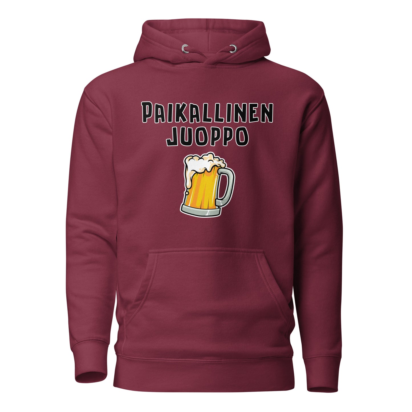 Esittelyssä Meemirottan "Paikallinen Juoppo Huppari", musta huppari, jossa on valkoinen teksti "PAIKALLINEN JUOPPO" ja alla vaahtoava olutmukin kuva. Tämä kappale on ihanteellinen valinta hauskat payatin ystäville ja tekee hauskan lahjaidean meemivaatteita arvostaville ystäville.