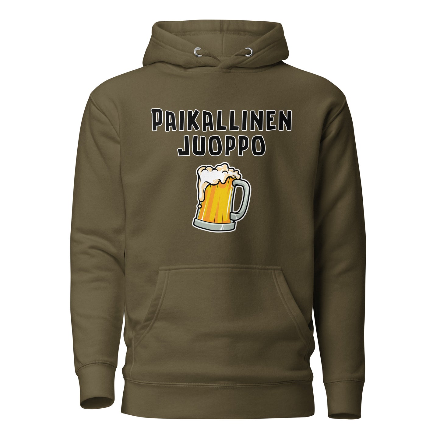 Esittelyssä Meemirottan "Paikallinen Juoppo Huppari", musta huppari, jossa on valkoinen teksti "PAIKALLINEN JUOPPO" ja alla vaahtoava olutmukin kuva. Tämä kappale on ihanteellinen valinta hauskat payatin ystäville ja tekee hauskan lahjaidean meemivaatteita arvostaville ystäville.