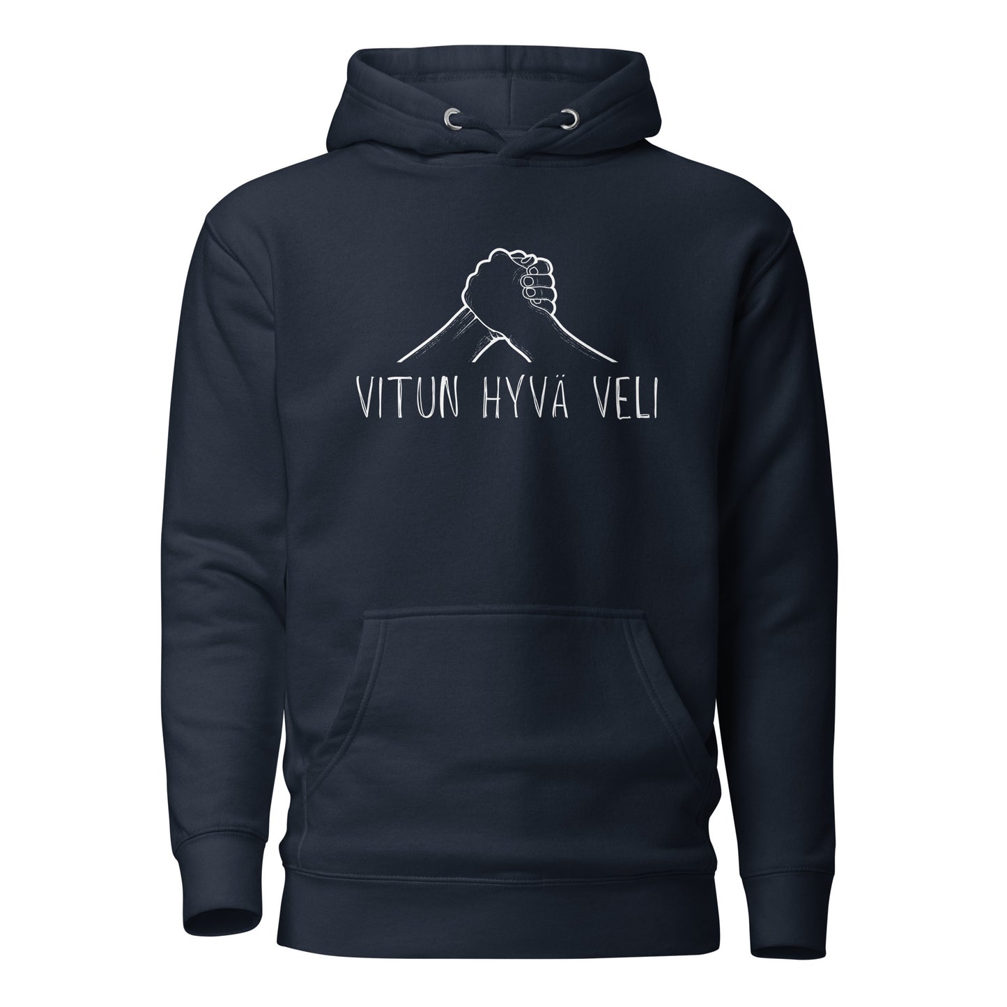 Meemirottan Hyvä Veli Huppari on valkoinen huppari, jossa on viivapiirros kahdesta kädestä, jotka on puristettu yhteen ja jonka alla on teksti "VITUN HYVÄ VELI". Tämä hauska paita on ihanteellinen lahjaidea, jossa yhdistyy tyyli ja huumori erottuvaan meemivaatteisiin.