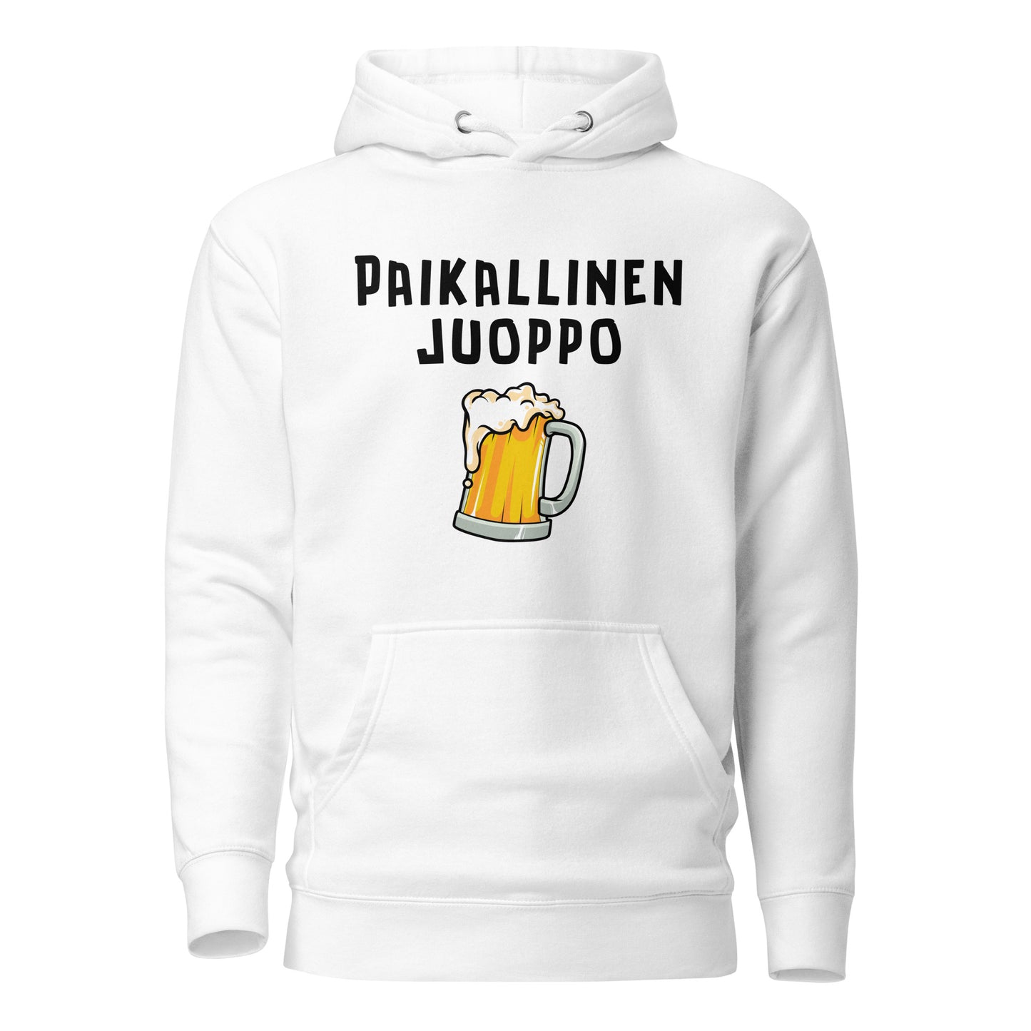 Esittelyssä Meemirottan "Paikallinen Juoppo Huppari", musta huppari, jossa on valkoinen teksti "PAIKALLINEN JUOPPO" ja alla vaahtoava olutmukin kuva. Tämä kappale on ihanteellinen valinta hauskat payatin ystäville ja tekee hauskan lahjaidean meemivaatteita arvostaville ystäville.
