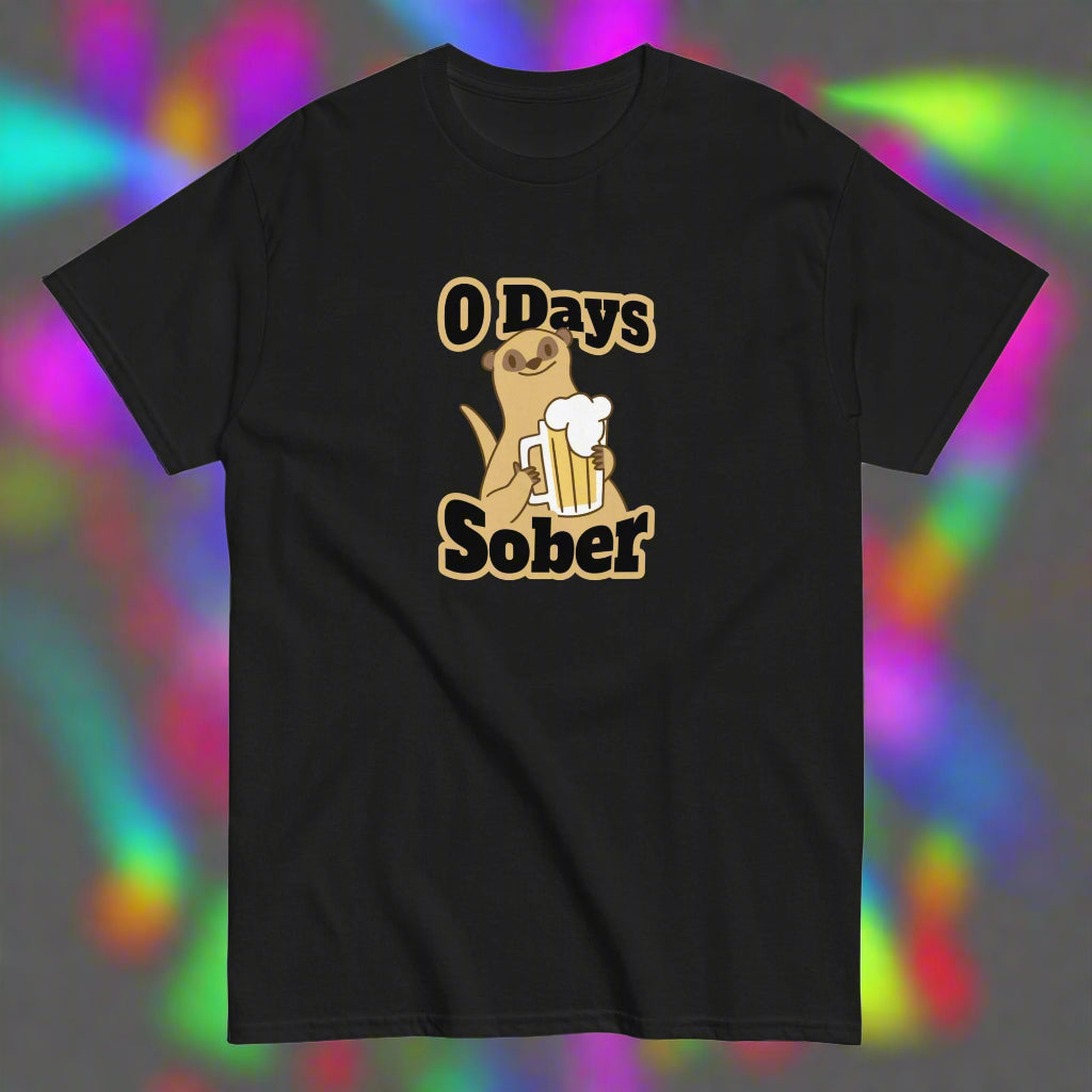 Meemirotta unisex t-paita mustalla taustalla, jossa on hauska kuva ja teksti 0 Days Sober.