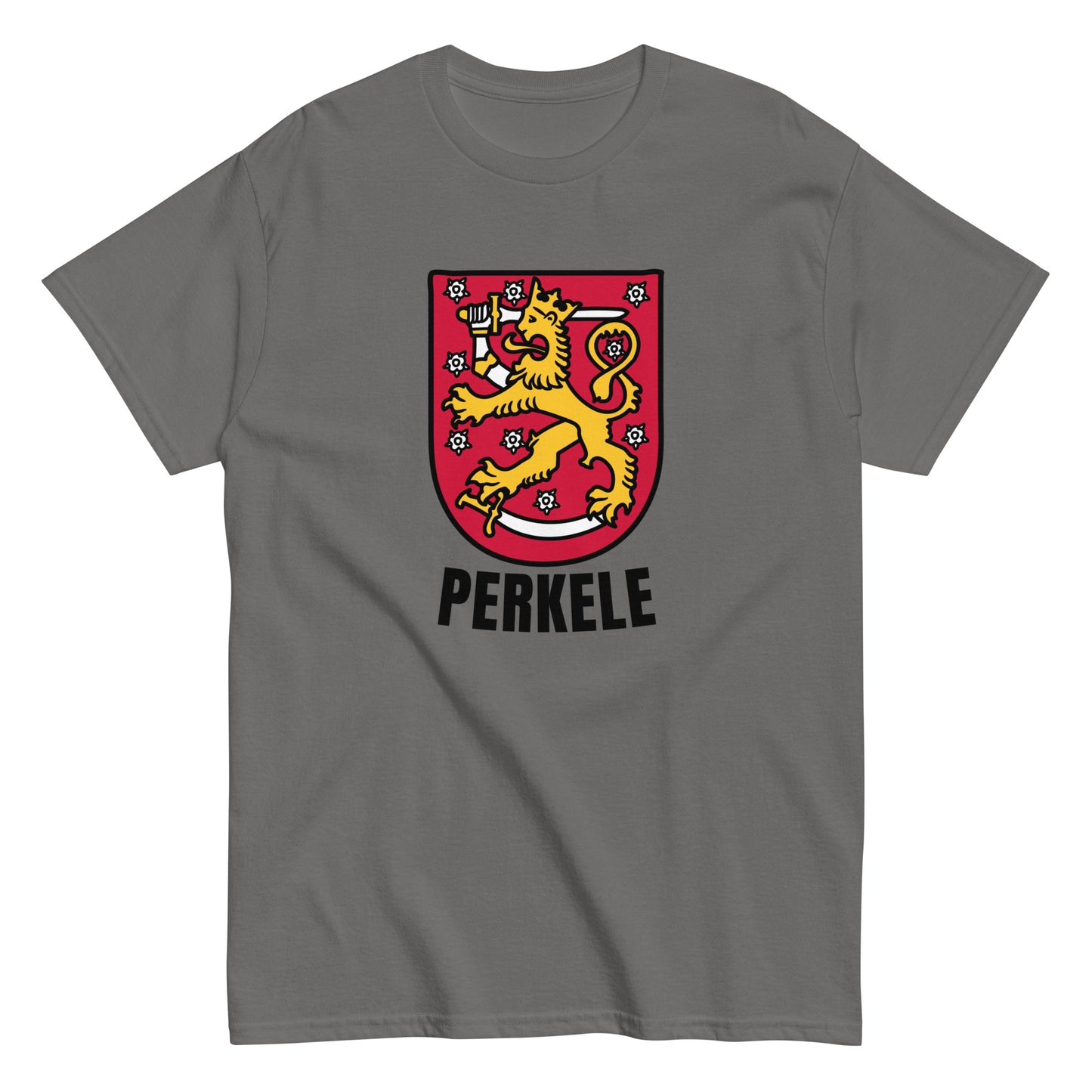 Meemirotta unisex t-paita harmaalla värillä, jossa on leijonasymboli ja teksti Perkele