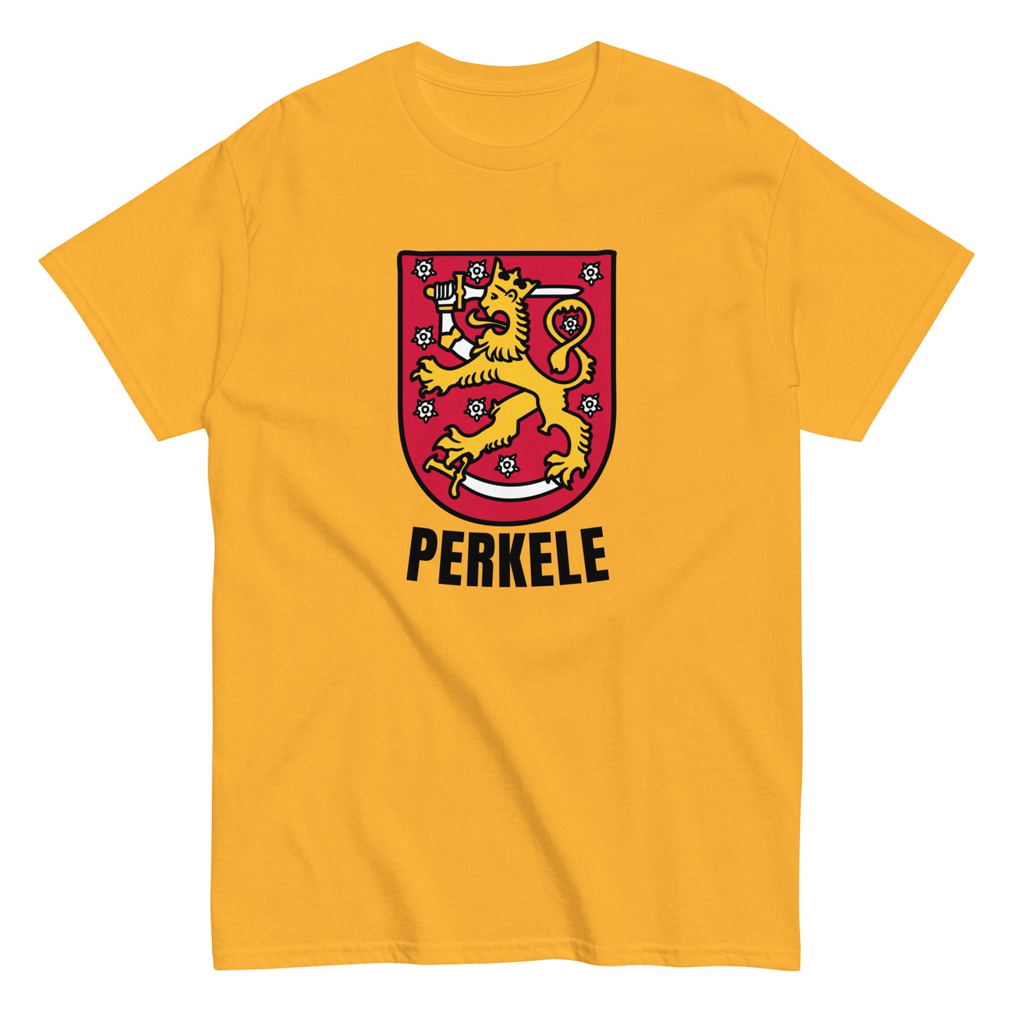 Meemirotta unisex t-paita kirkkaan keltaisena, jossa on Perkele-teksti ja leijonsymbooli.