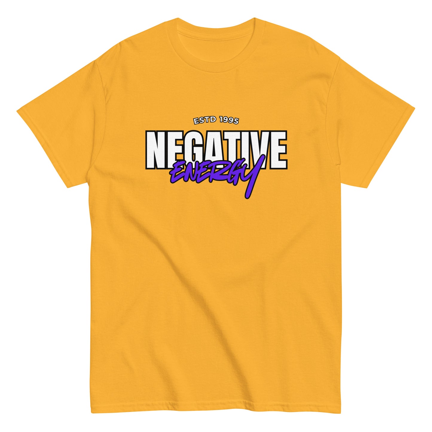 Meemirotta unisex t-paita keltaisella pohjalla ja mustalla sekä violetilla tekstillä 'NEGATIVE ENERGY'