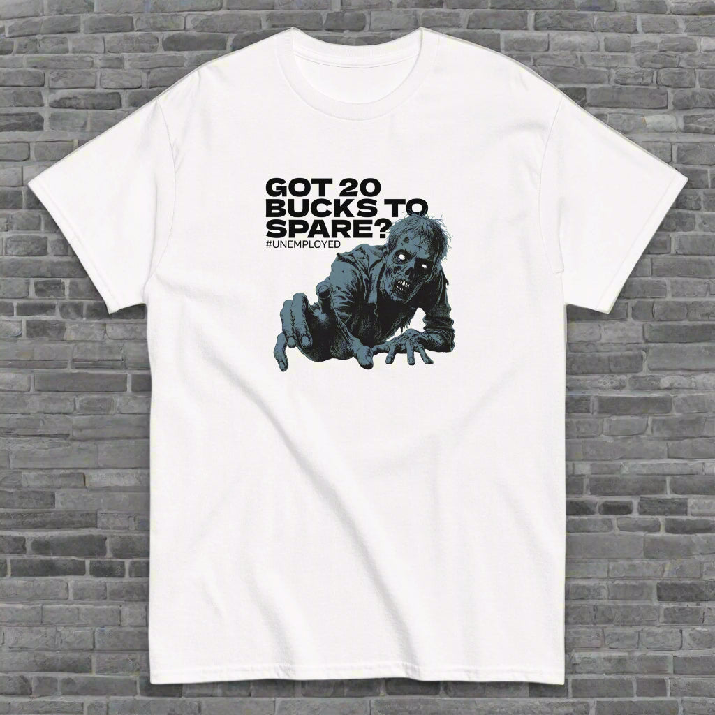 Meemirotta unisex t-paita valkoisena hauskalla zombikuvalla ja tekstillä 20 dollaria säästöön