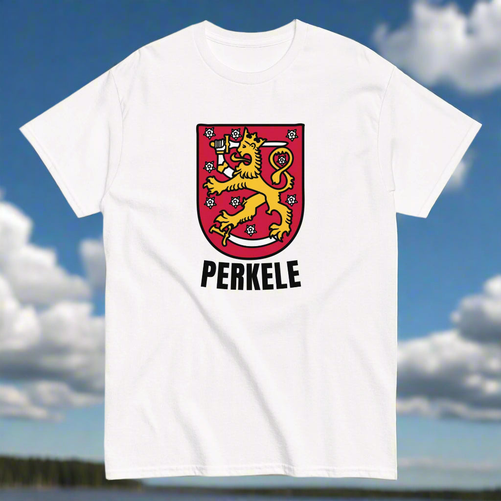 Meemirotta unisex t-paita valkoisella taustalla, jossa on punainen ja keltainen vaakuna ja teksti PERKELE