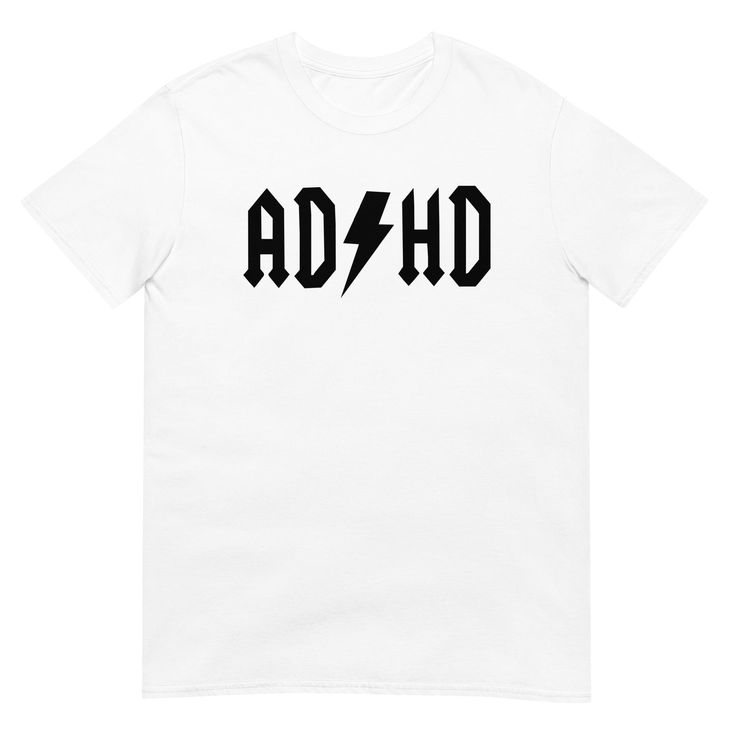 Meemirotta ADHD t-paita valkoisella taustalla mustalla tekstillä ja salamalla