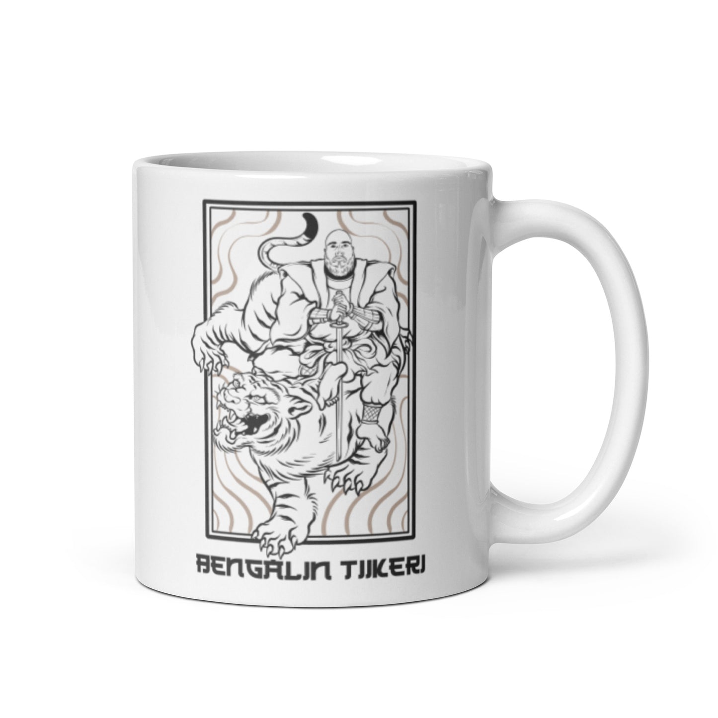 Bengalin tiikeri muki, jossa on taidokas kuva tiikeristä ja hahmosta designissa
