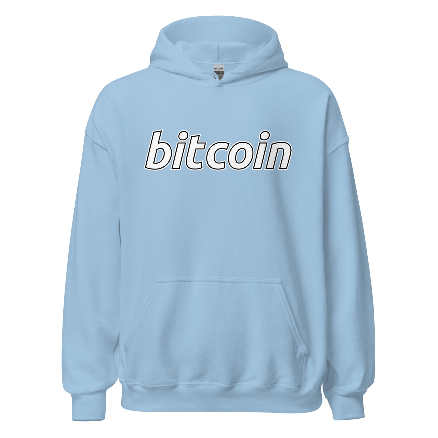 Vaaleansininen bitcoin huppari, jossa suuri bitcoin-teksti edessä ja kätkö tasku.