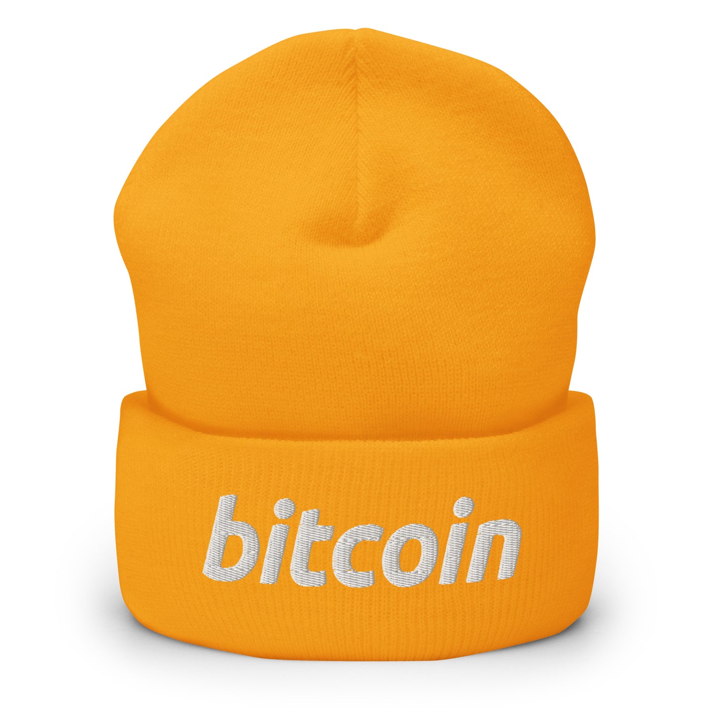 Keltainen bitcoin pipo valkoisella tekstillä, tyylikäs ja mukava käyttää talvella