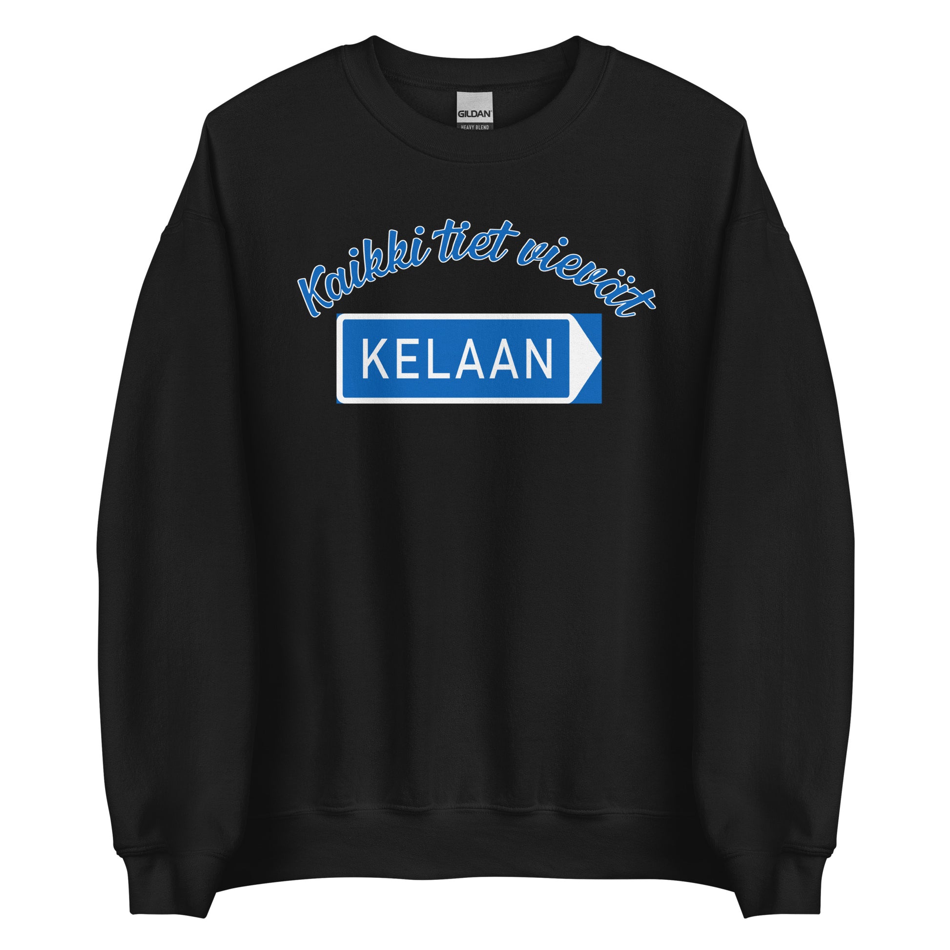 Hauska kela college mustana, jossa valkoinen ja sininen teksti 'Kaikki tiet vievät KELAAN'