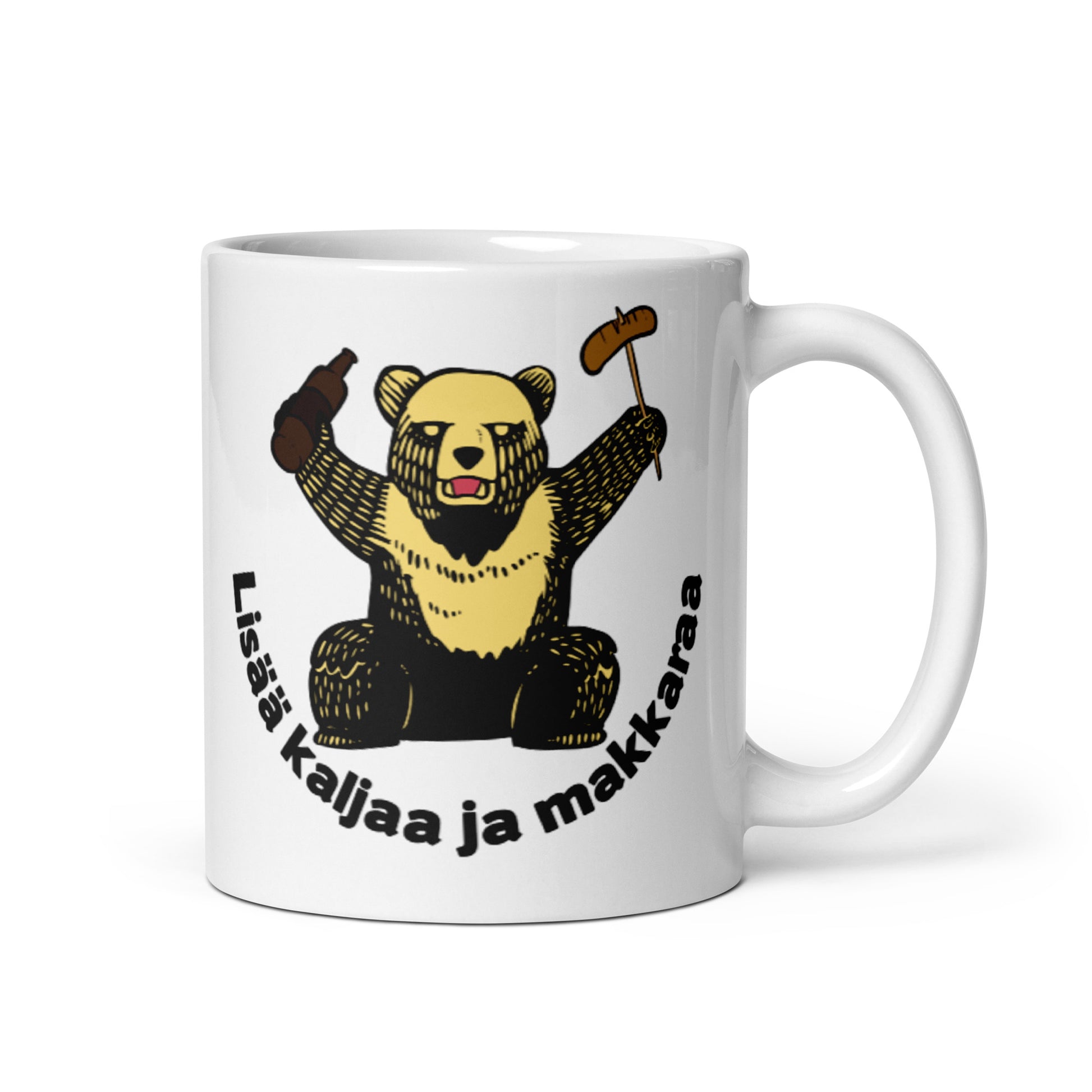 Hauska muki lahjaksi mustalla karhukuviolla ja tekstillä Lisää kaljaa ja makkaraa