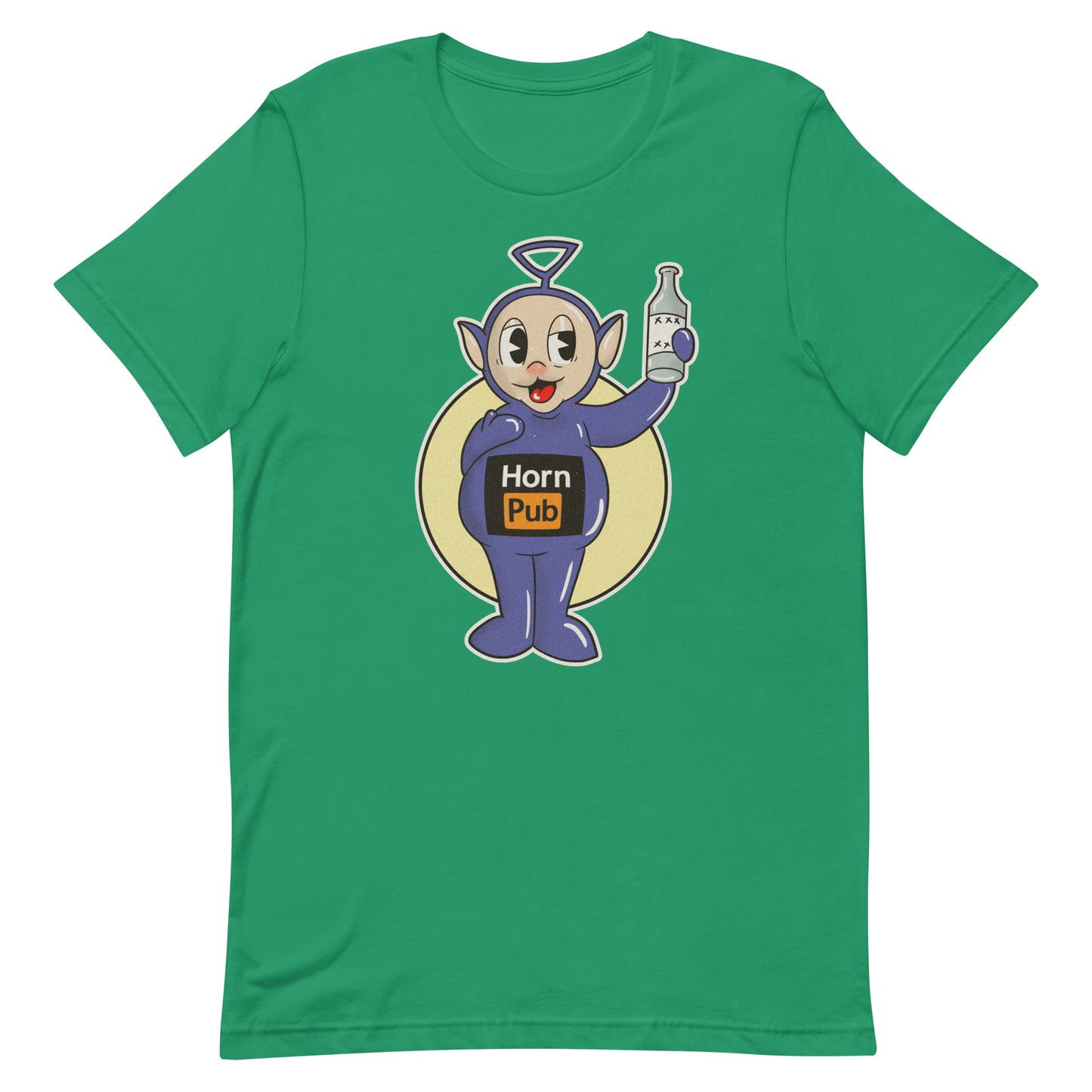 Vihreä kännitappi t-paita Meemirotta logo ja hauska hahmo pullolla