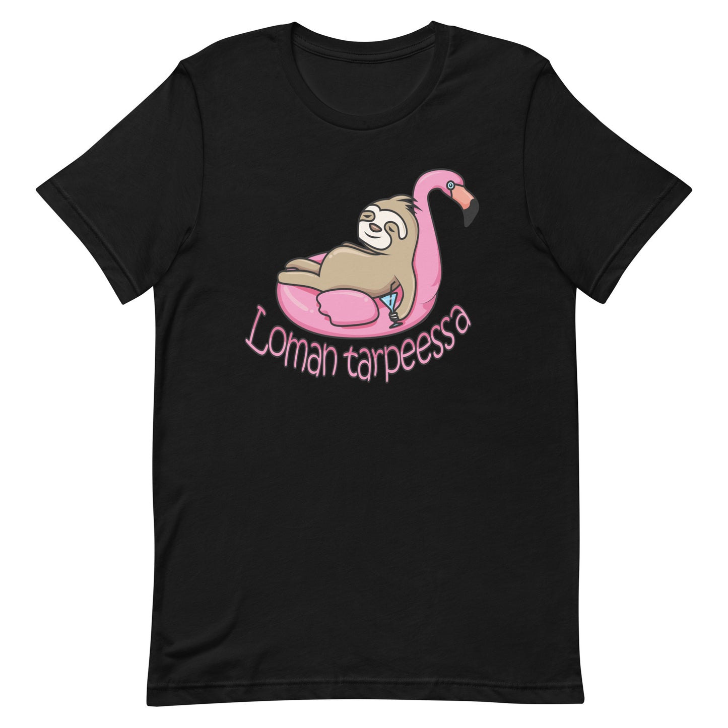 Meemirotta loman tarpeessa t-paita, jossa laaksonelijä ja flamingo kuvitus mustalla taustalla