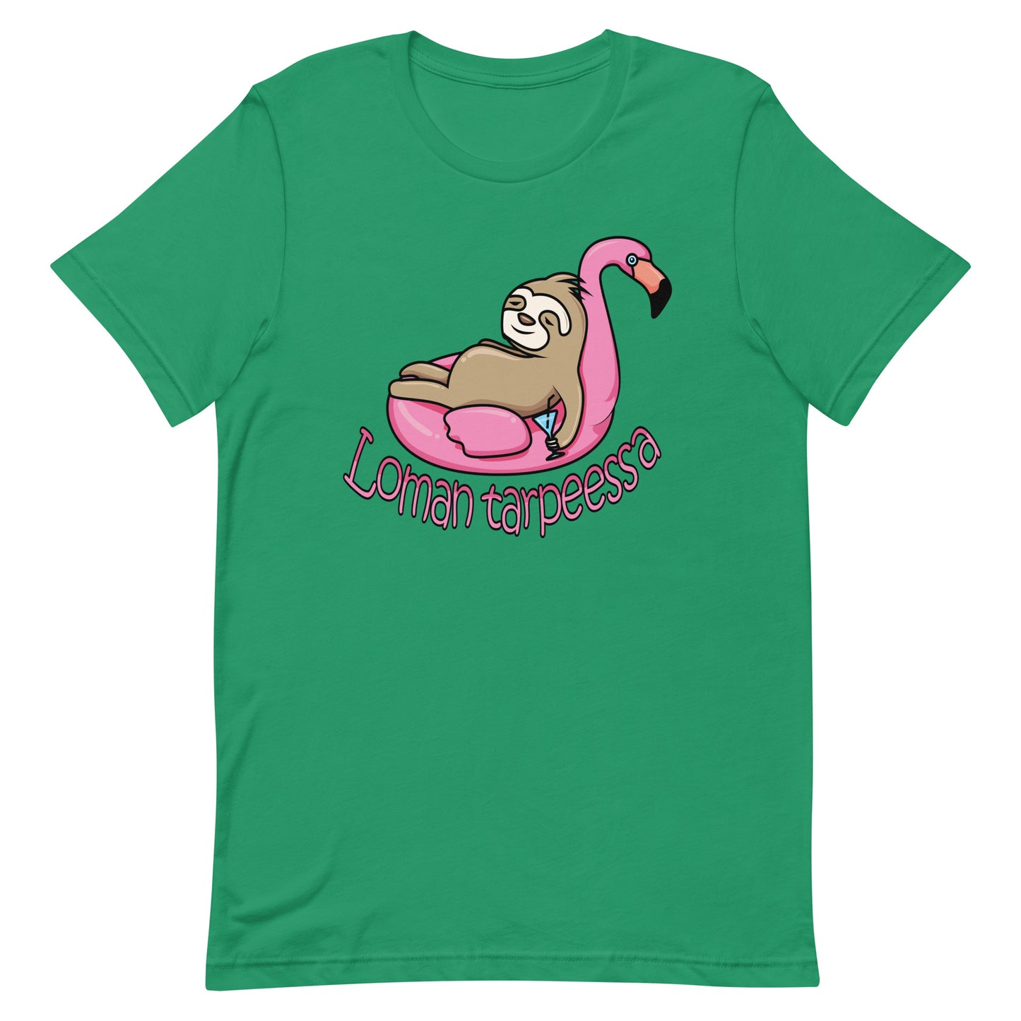 Vihreä loman tarpeessa t-paita, jossa on laiska ja flamingo pelastusrenkaassa