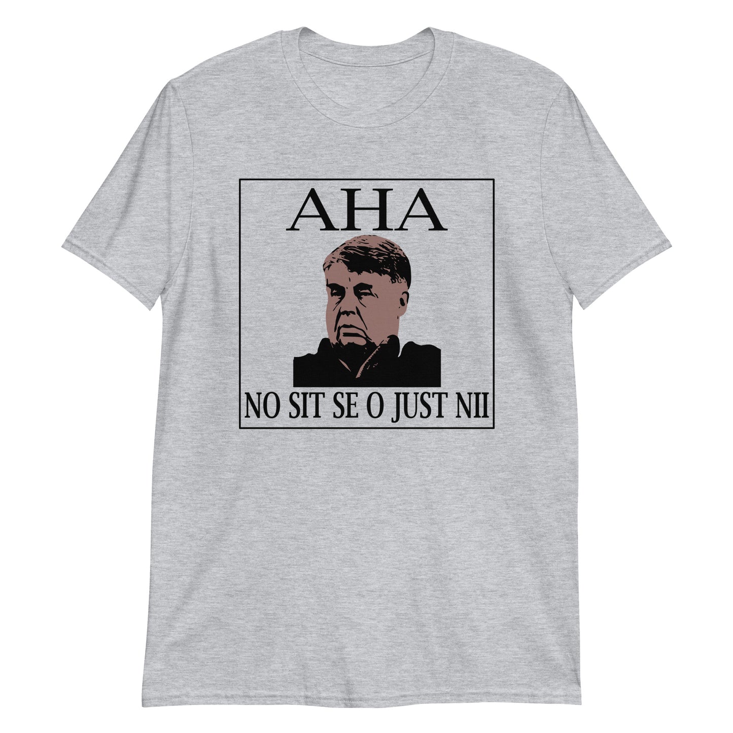 Harmaa Meemirotta no sit se o just nii t-paita, jossa on AHA-teksti ja kuva henkilöstä