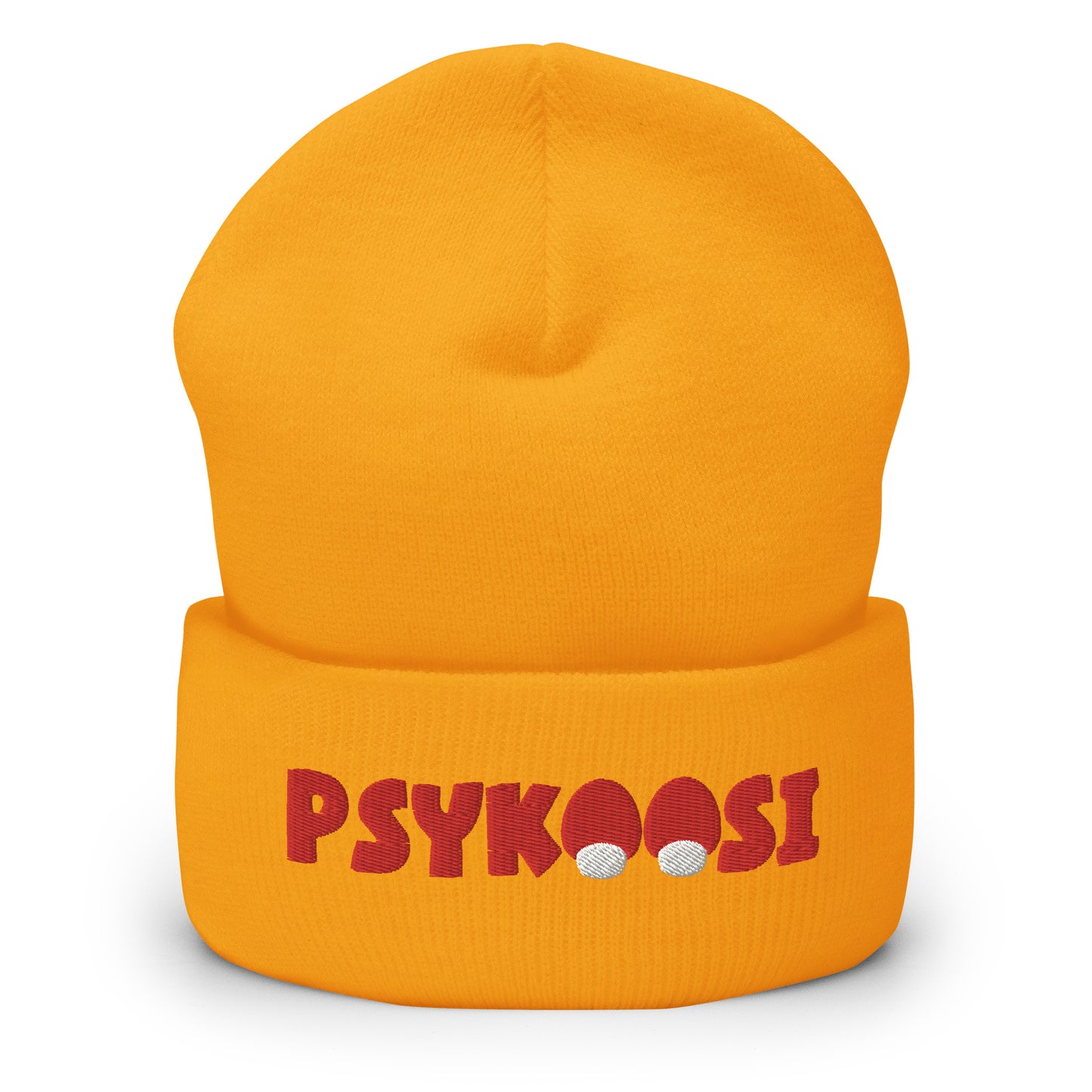 Kirkkaan keltainen psykoosi pipo, jossa on punaiset kirjaimet edessä