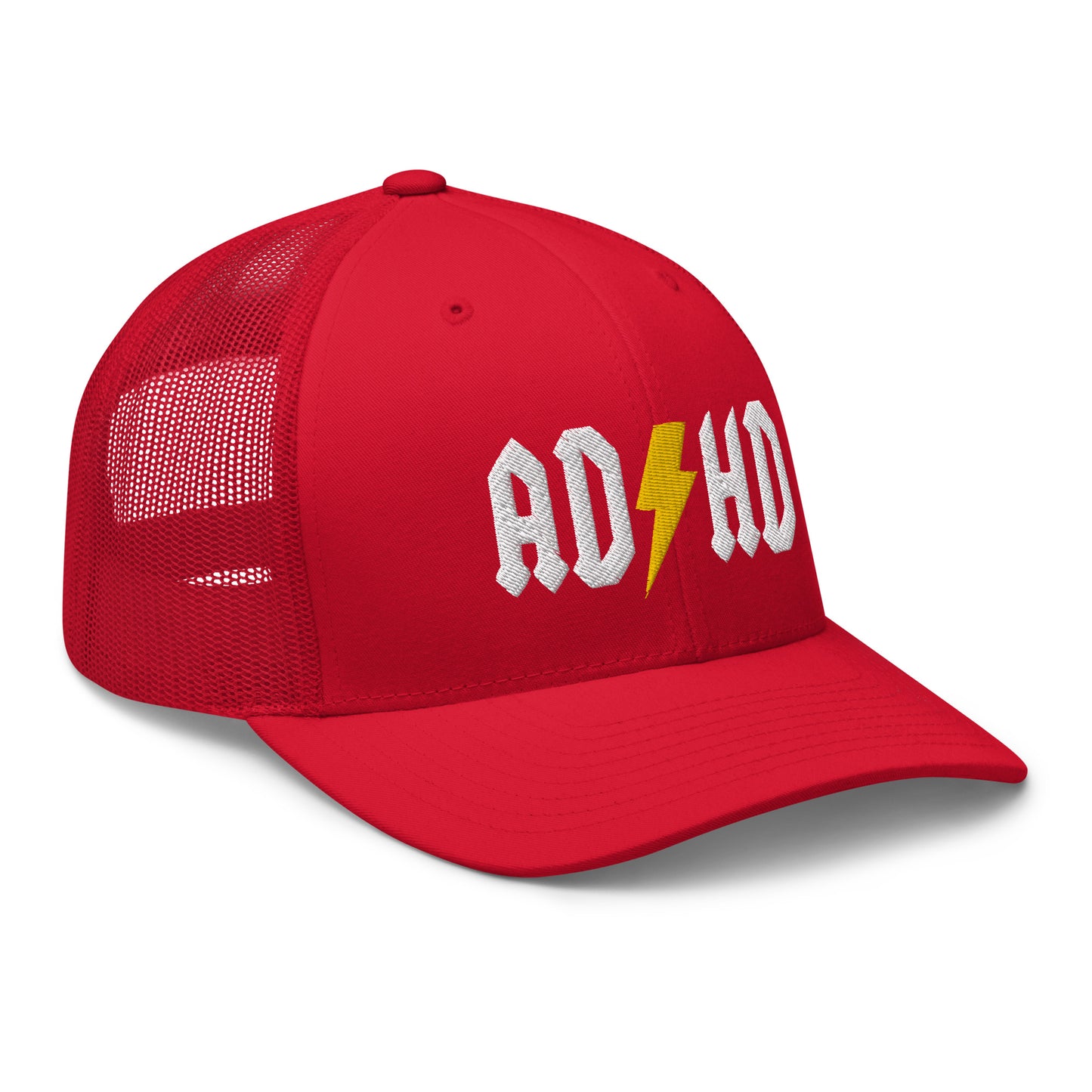 Meemirottan ADHD Lippis on punainen pesäpallolippis, jossa on mesh-takaosa, jonka edessä on teksti "ADHD". Kirjaimet ovat valkoisia, ja keltainen salama korvaa "H"-kirjaimen, joten se on yksi niistä hauskoista maksuista, jotka sopivat leikkisään tyyliin.