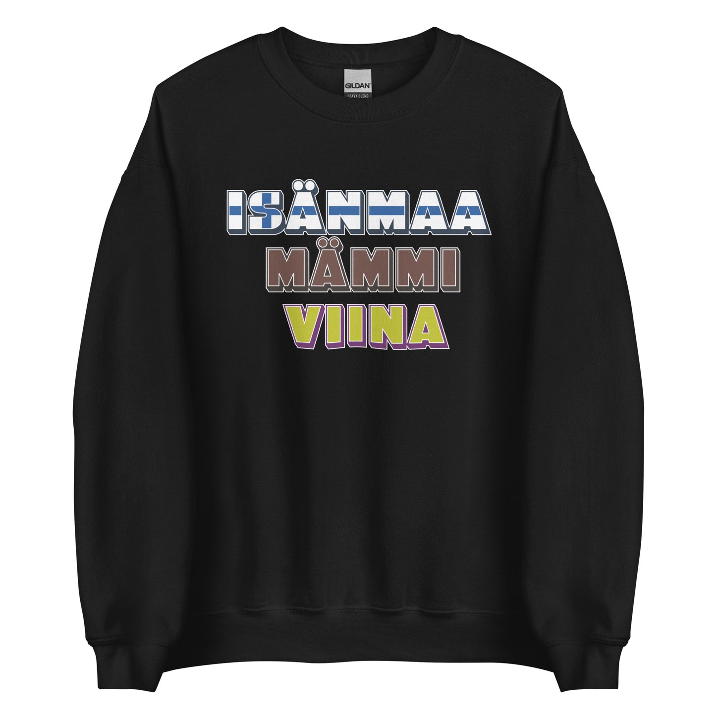 Mustassa collegepaidassa on tekstit Isänmaa, Mämmi ja Viina, hauska collegepaita suomalaisille