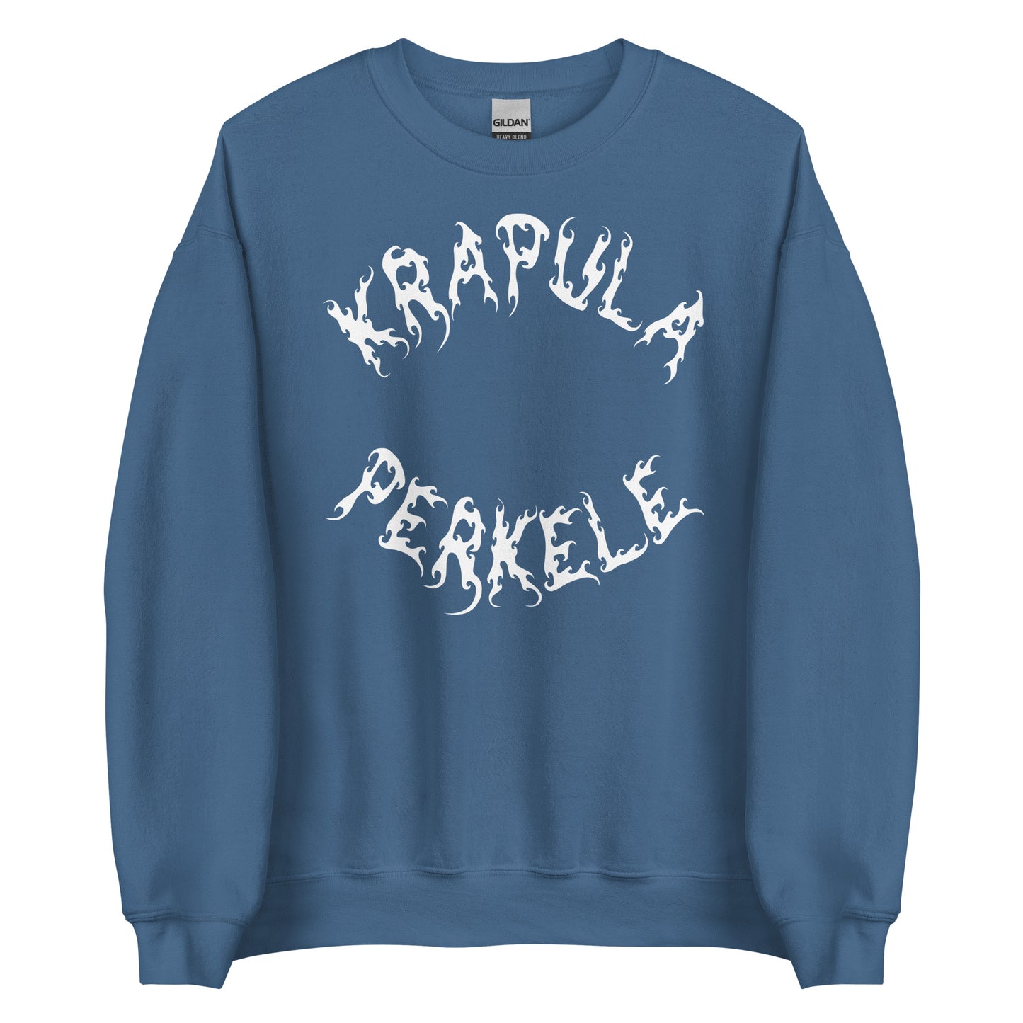 Laivastonsininen Meemirotta collegepaita, nimeltään "Krapula Perkele College", sisältää lauseen "KRAPULA PEKELE" tyylitellyllä, aaltoilevalla valkoisella fontilla rinnassa. Tämä hauska paita on täydellinen lahjaidea, joka yhdistää vaivattomasti huumoria ja tyyliä.