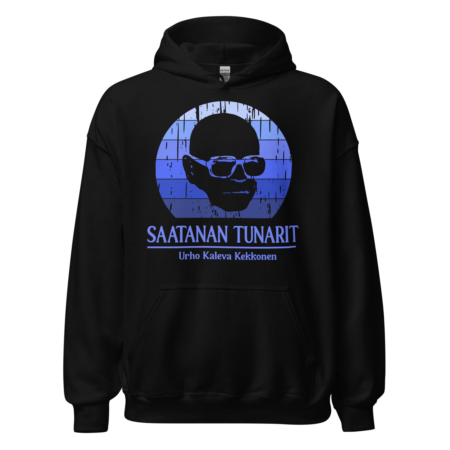 Katso Meemirottan Saatanan Tunarit Huppari! Tässä valkoisessa hupparissa on sininen pyöreä grafiikka kaljusta miehestä, jolla on silmälasit, sekä suomeksi "Saatanan tunarit" ja "Urho Kaleva Kekkonen". Se on hauska lisä mihin tahansa vaatekaappiin niille, jotka arvostavat hassuja vaatteita.