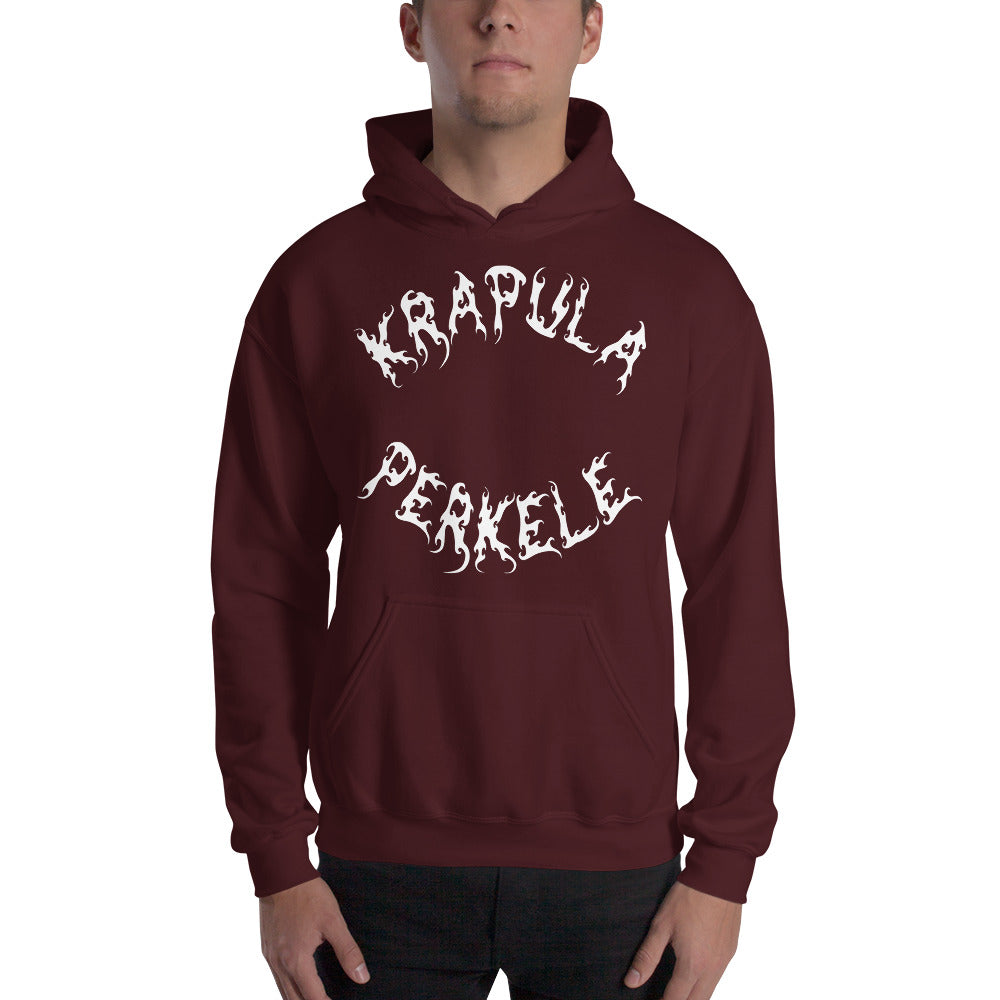 Esittelyssä Meemirottan Krapula Perkele Huppari, punaruskea-huppari, jonka edessä on lihavoitu, liekkimäinen valkoinen kirjain "Krapula Perkele". Tämä hauska paita sopii täydellisesti hauskaksi lahjaideaksi, jossa on etutasku ja kiristysnyörillinen huppu. Se on ihanteellinen valinta meemivaatteiden ystäville ja niille, jotka nauttivat omituisten muotilauseiden tekemisestä.
