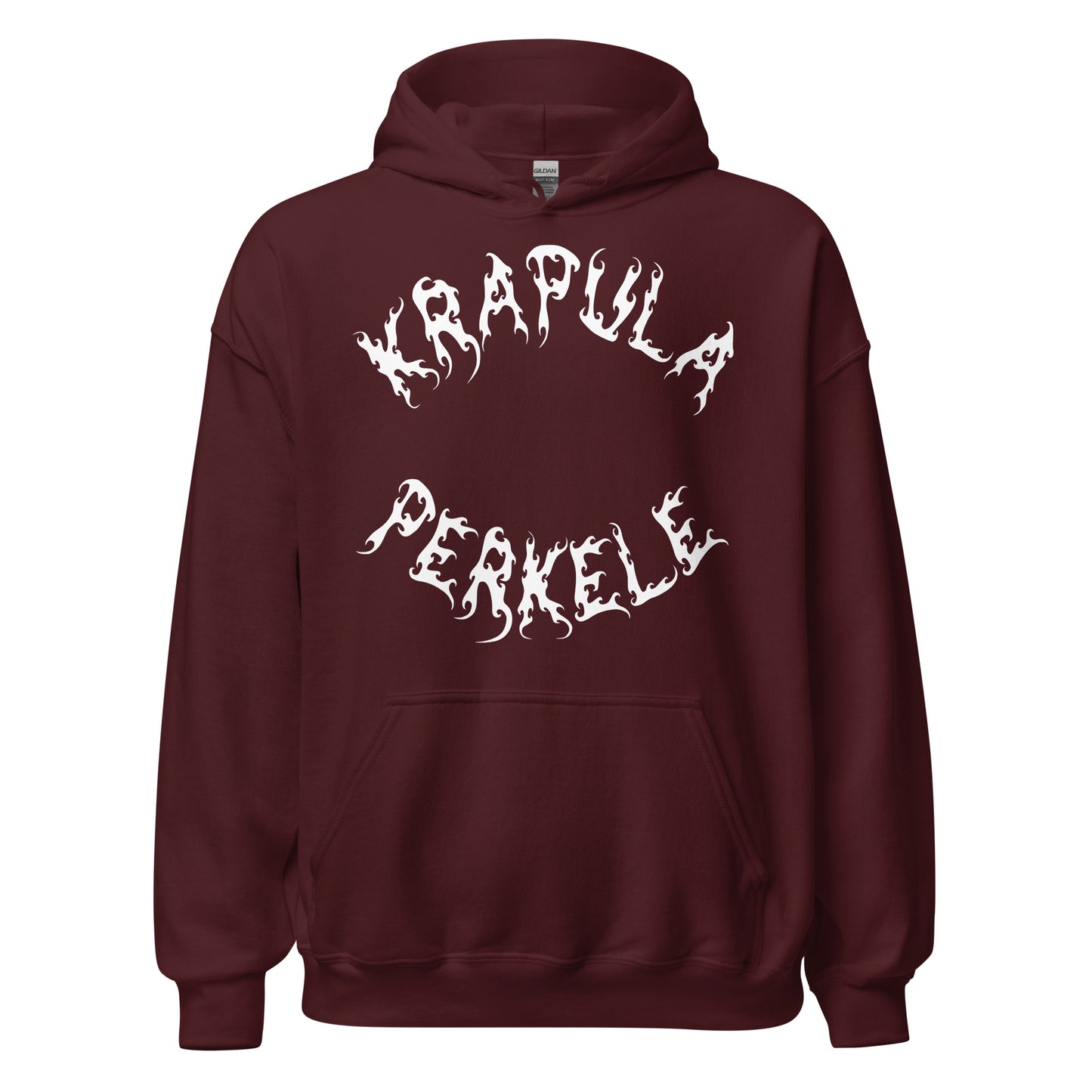 Esittelyssä Meemirottan Krapula Perkele Huppari, punaruskea-huppari, jonka edessä on lihavoitu, liekkimäinen valkoinen kirjain "Krapula Perkele". Tämä hauska paita sopii täydellisesti hauskaksi lahjaideaksi, jossa on etutasku ja kiristysnyörillinen huppu. Se on ihanteellinen valinta meemivaatteiden ystäville ja niille, jotka nauttivat omituisten muotilauseiden tekemisestä.