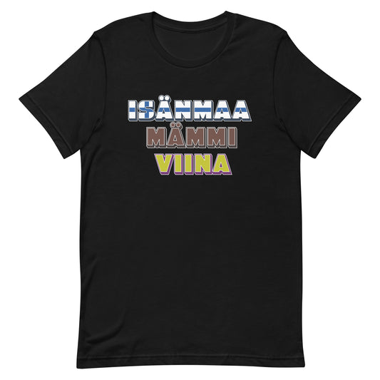 Meemirottan Isänmaa Mämmi Viina T-Paita on punainen paita, jossa on sinivalkoinen "ISÄNMAA", ruskea "MÄMMI" ja keltainen "VIINA". Erinomaisena lahjaideana tämä kappale lisää huumoria vaatekaappiisi tehden siitä äärimmäisen hauskat payat -vaihtoehdon.