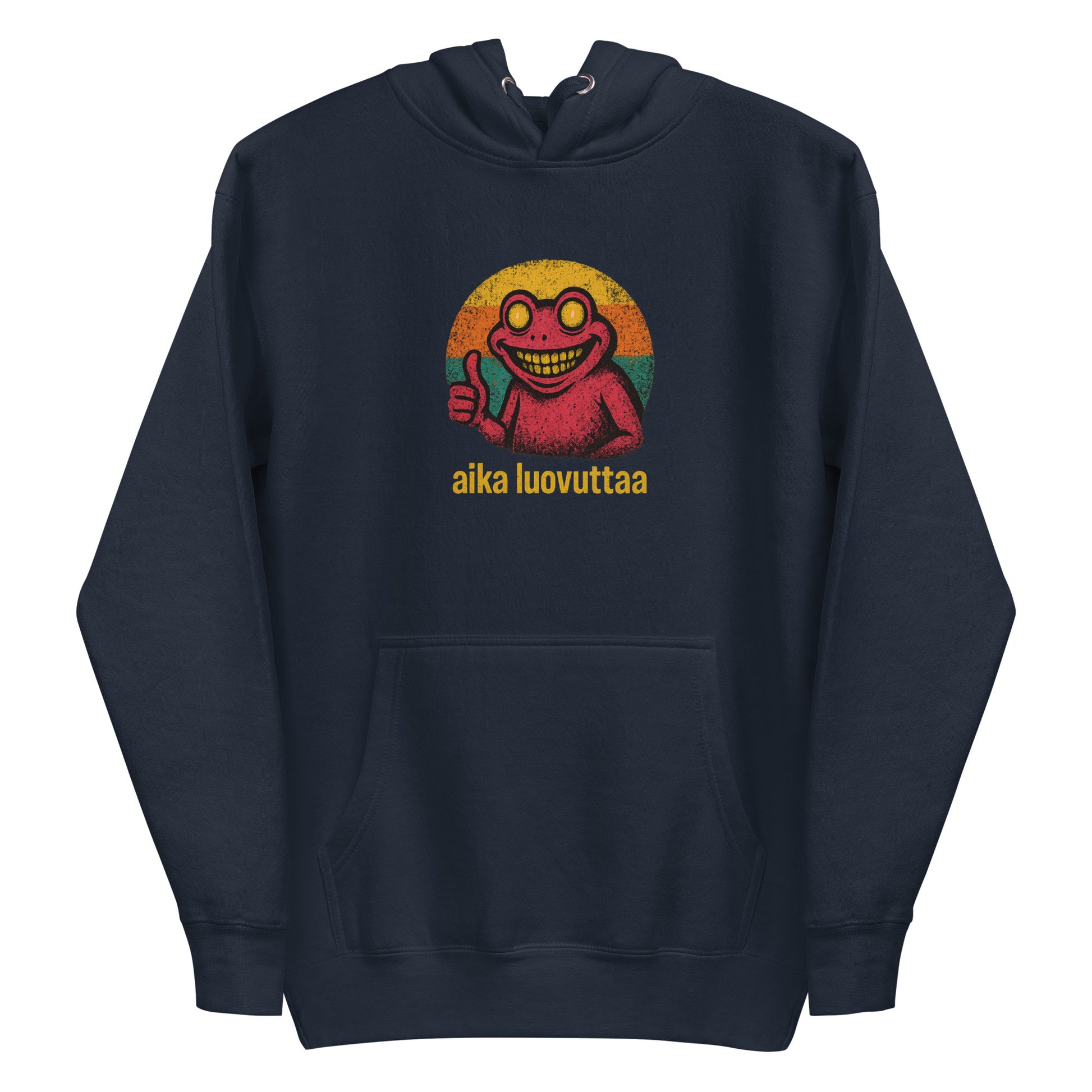 Tummansininen huppari, jossa on värikäs aika luovuttaa -logo ja iso kangas tasku edessä