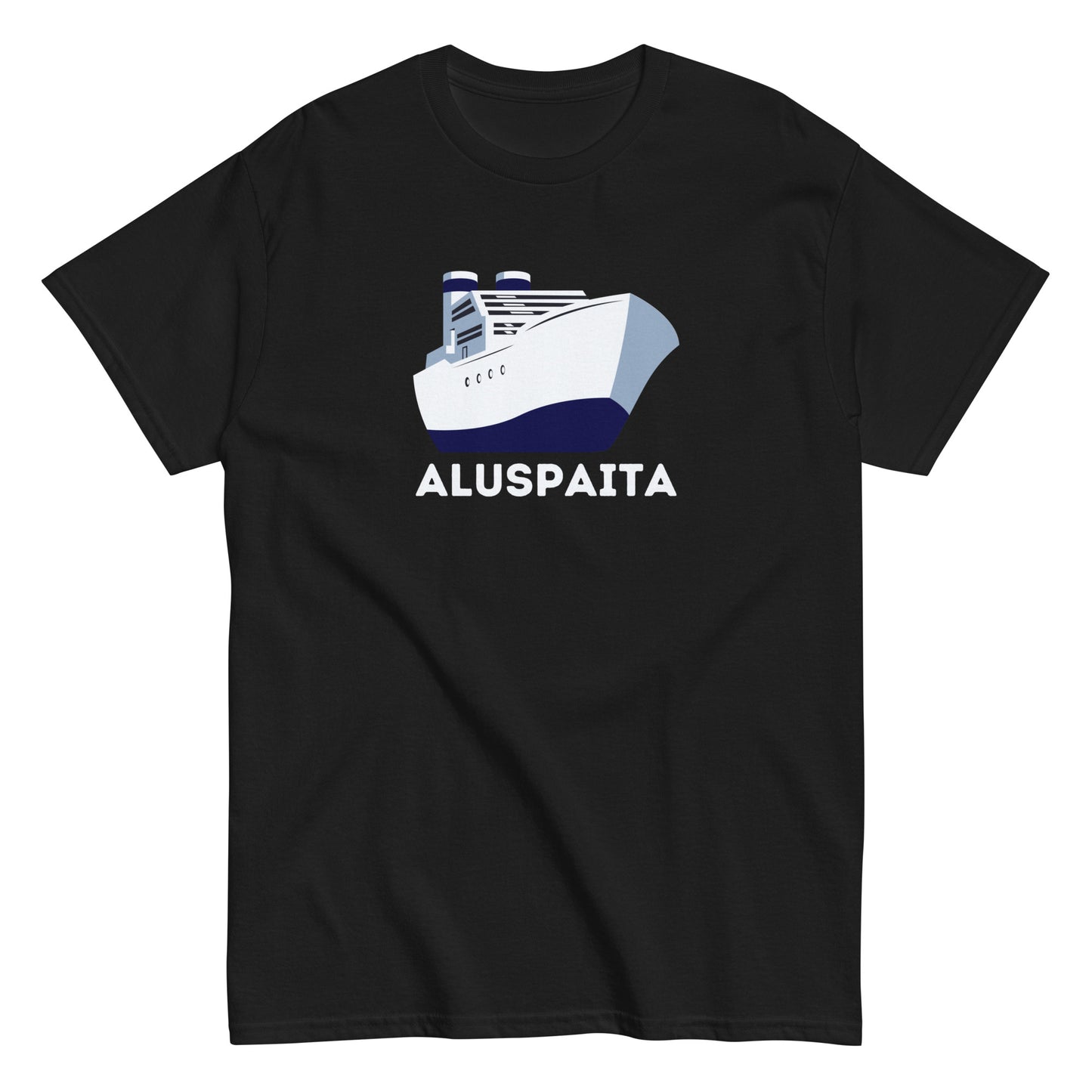 Meemirotta musta aluspaita t-paita, jossa laivakuva ja selkeä teksti Aluspaita.
