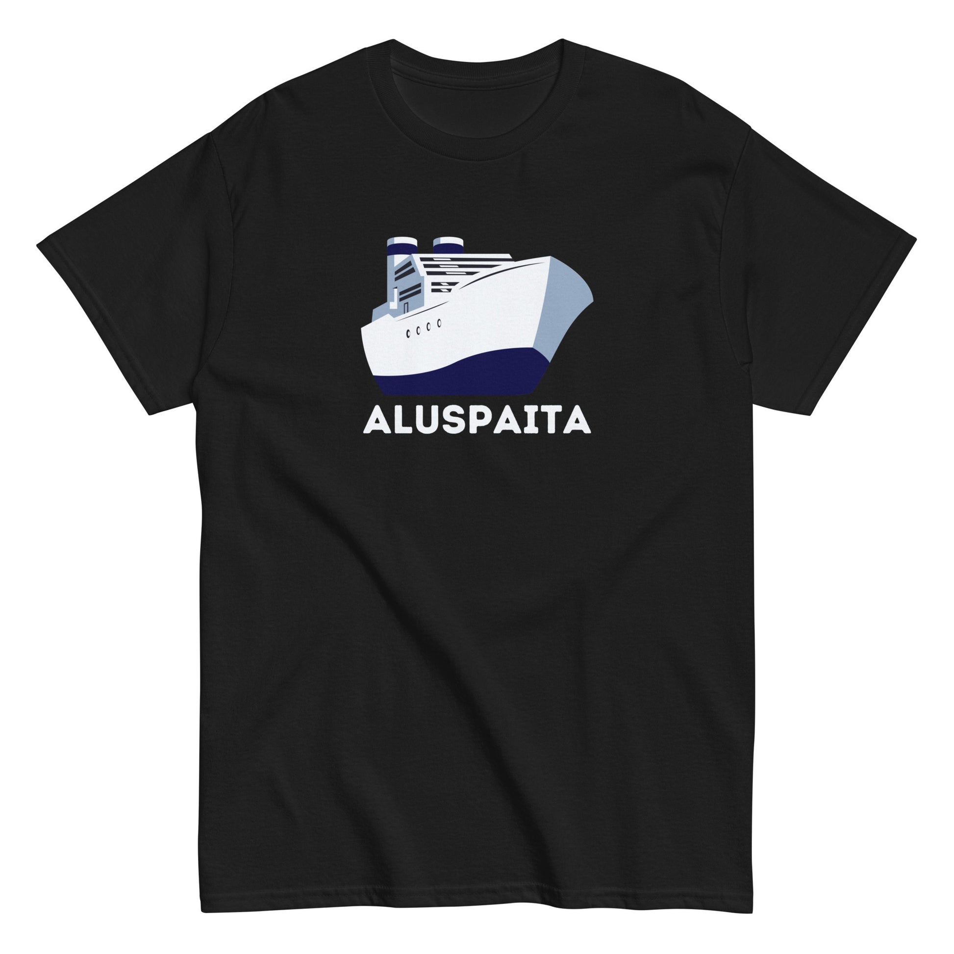 Meemirotta musta aluspaita t-paita, jossa laivakuva ja selkeä teksti Aluspaita.