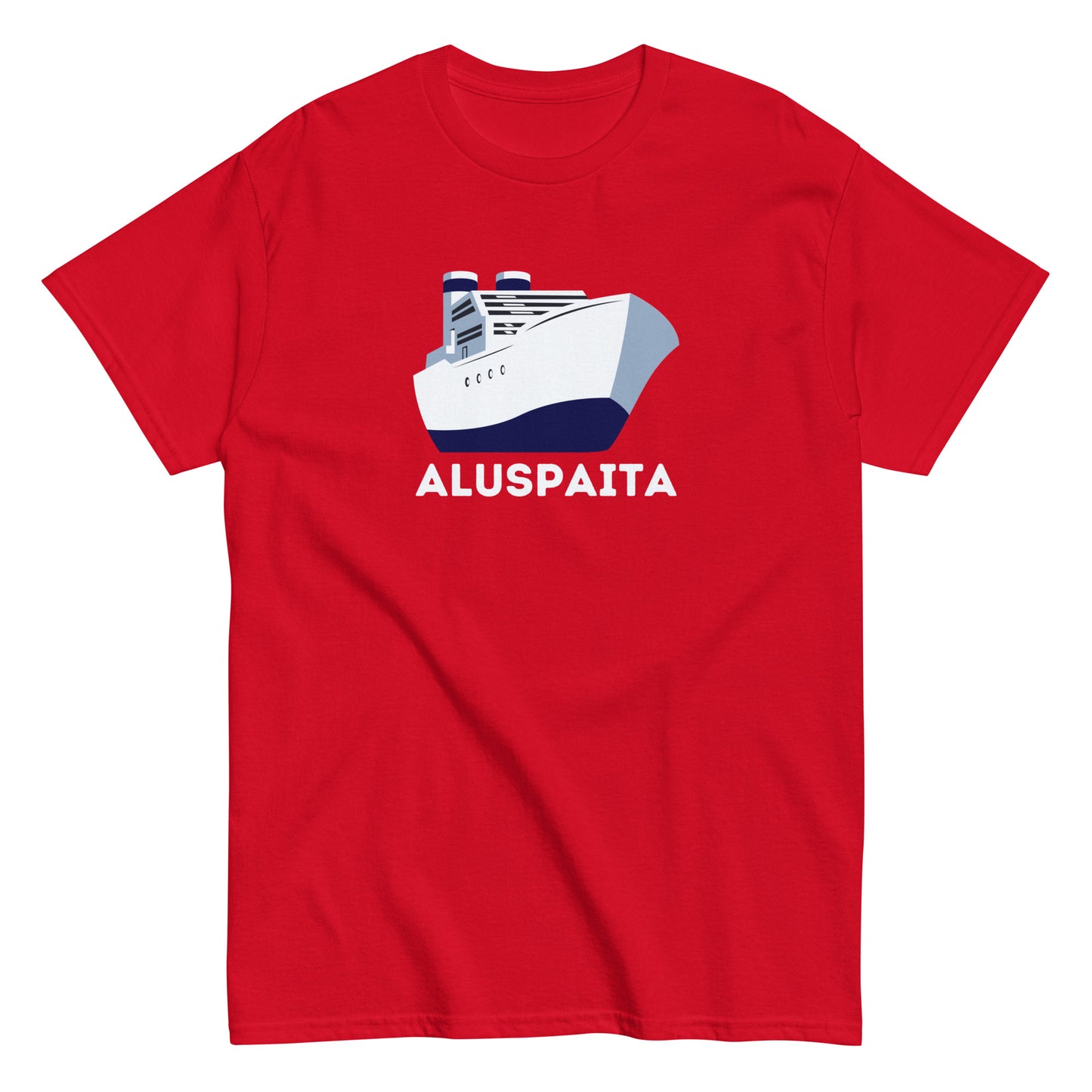 Punainen aluspaita t-paita laivakuviolla ja selkeällä tekstillä Aluspaita