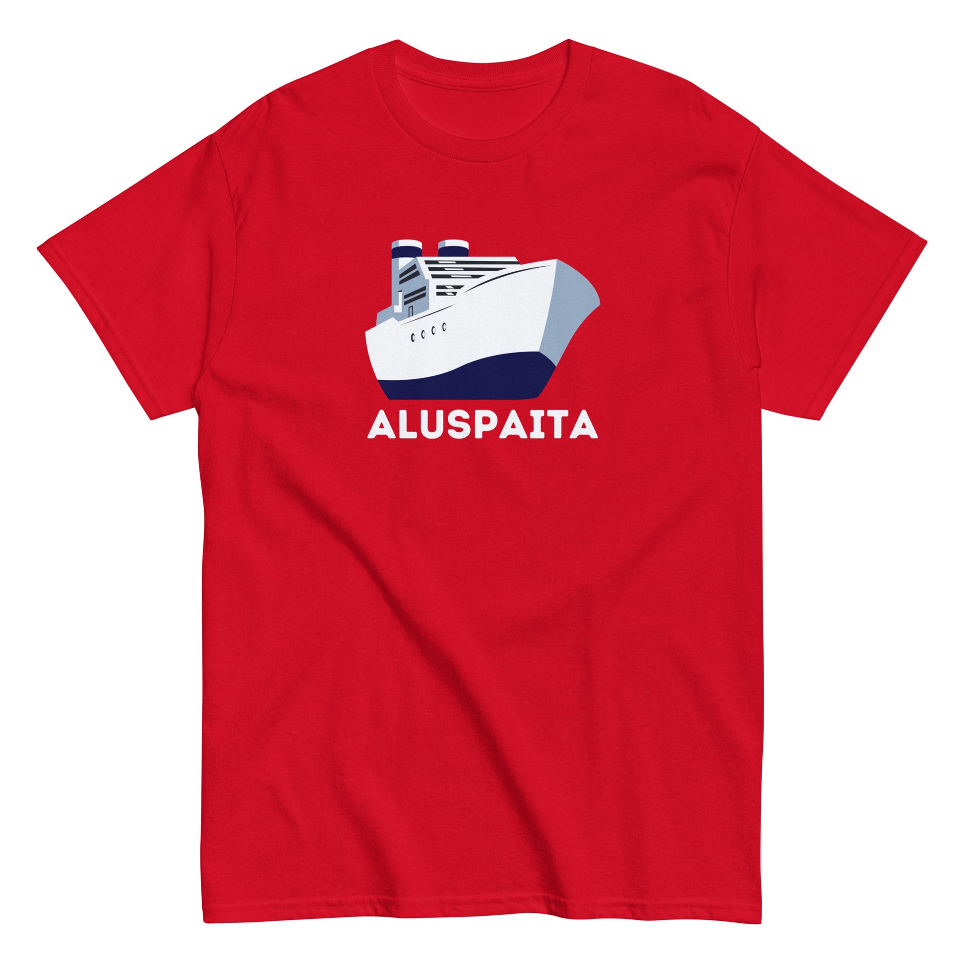 Punainen aluspaita t-paita laivakuviolla ja selkeällä tekstillä Aluspaita